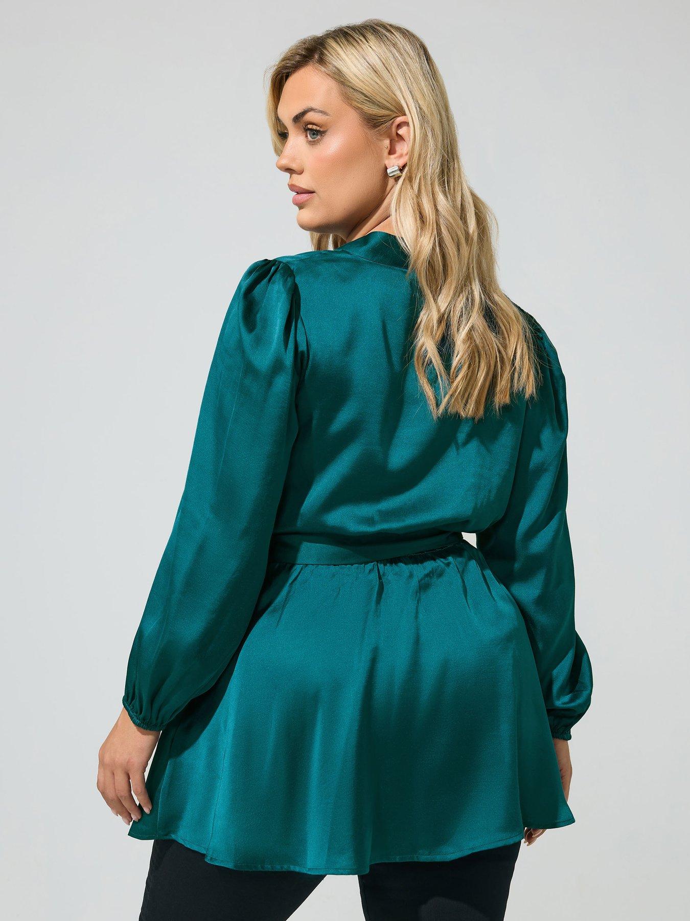 Image 2 of 4 of Yours Curve Satin Wrap Blouse - Green