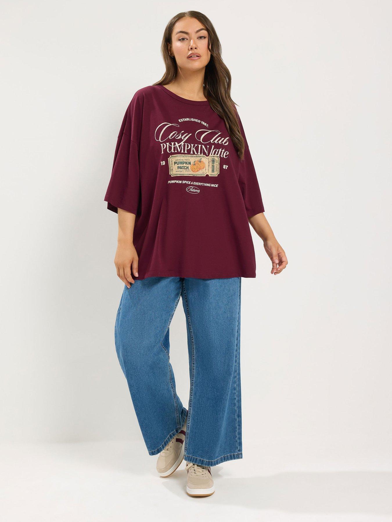 Image 3 of 4 of Yours Curve Placement Print Boxy T-Shirt - Red