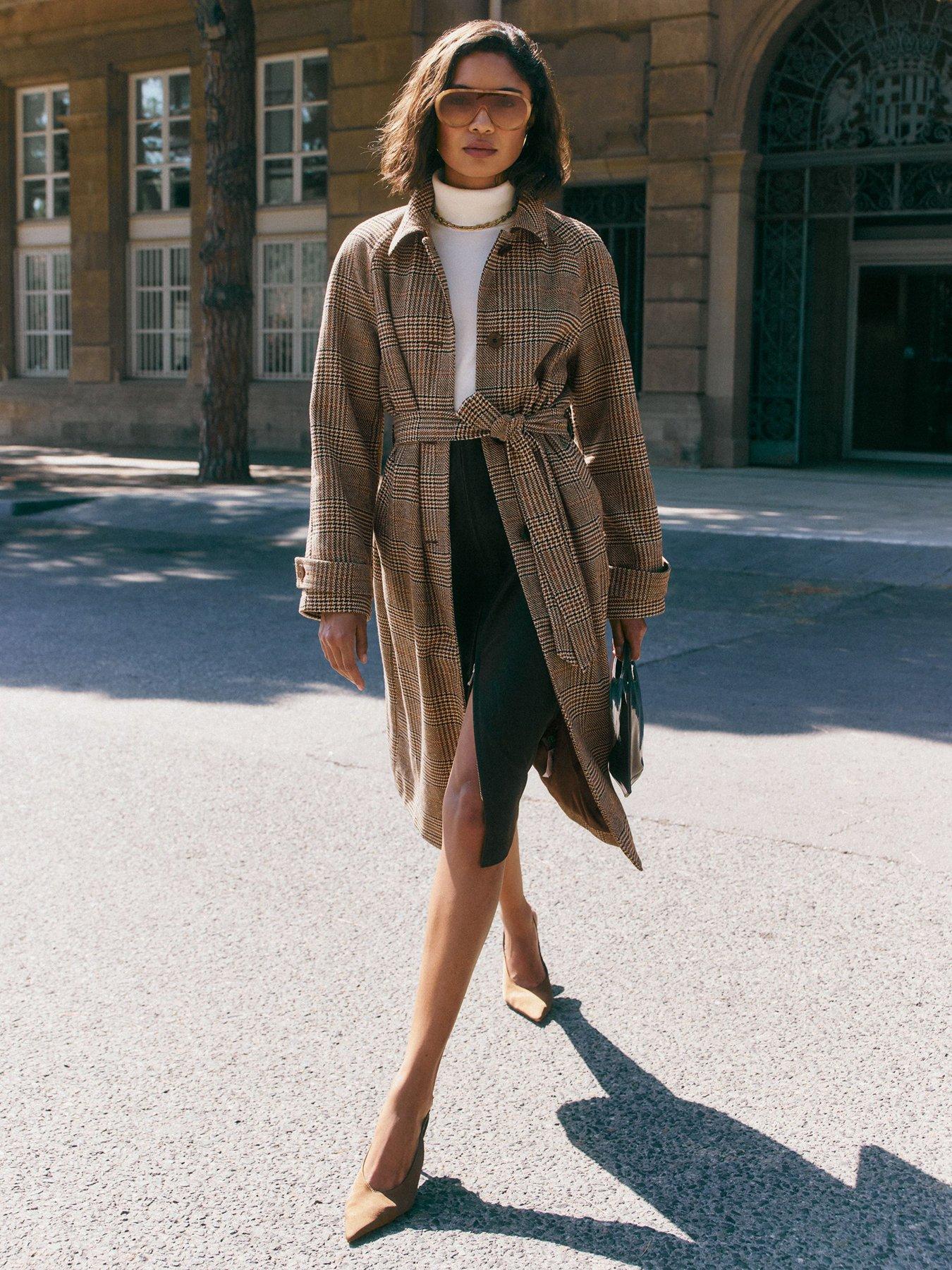 Image 3 of 5 of Friends Like These Brown Check Print Maxi Length Belted Coat