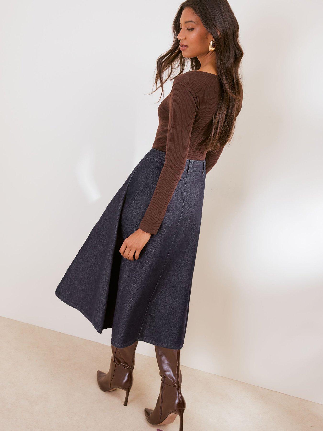 Image 2 of 5 of Friends Like These Rinse Wash Denim Seamed A Line Midi Skirt