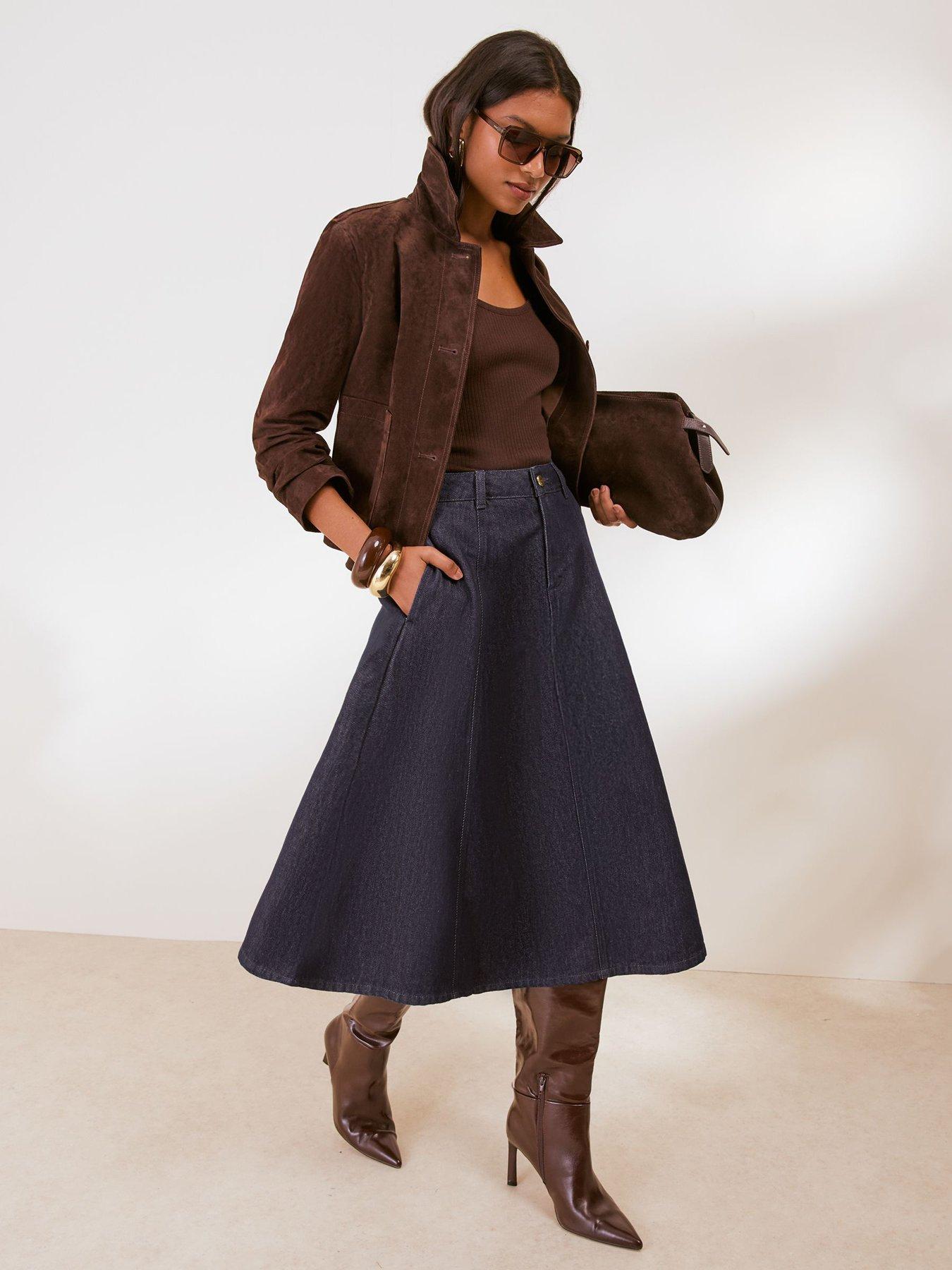 Image 3 of 5 of Friends Like These Rinse Wash Denim Seamed A Line Midi Skirt