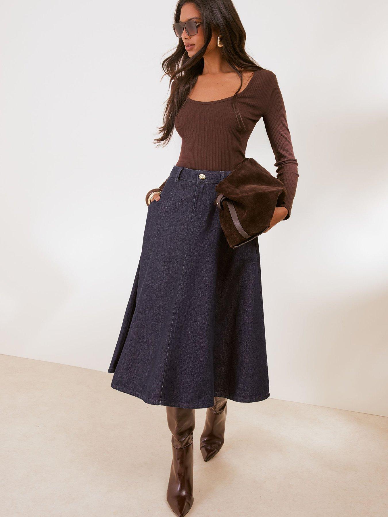 Image 5 of 5 of Friends Like These Rinse Wash Denim Seamed A Line Midi Skirt