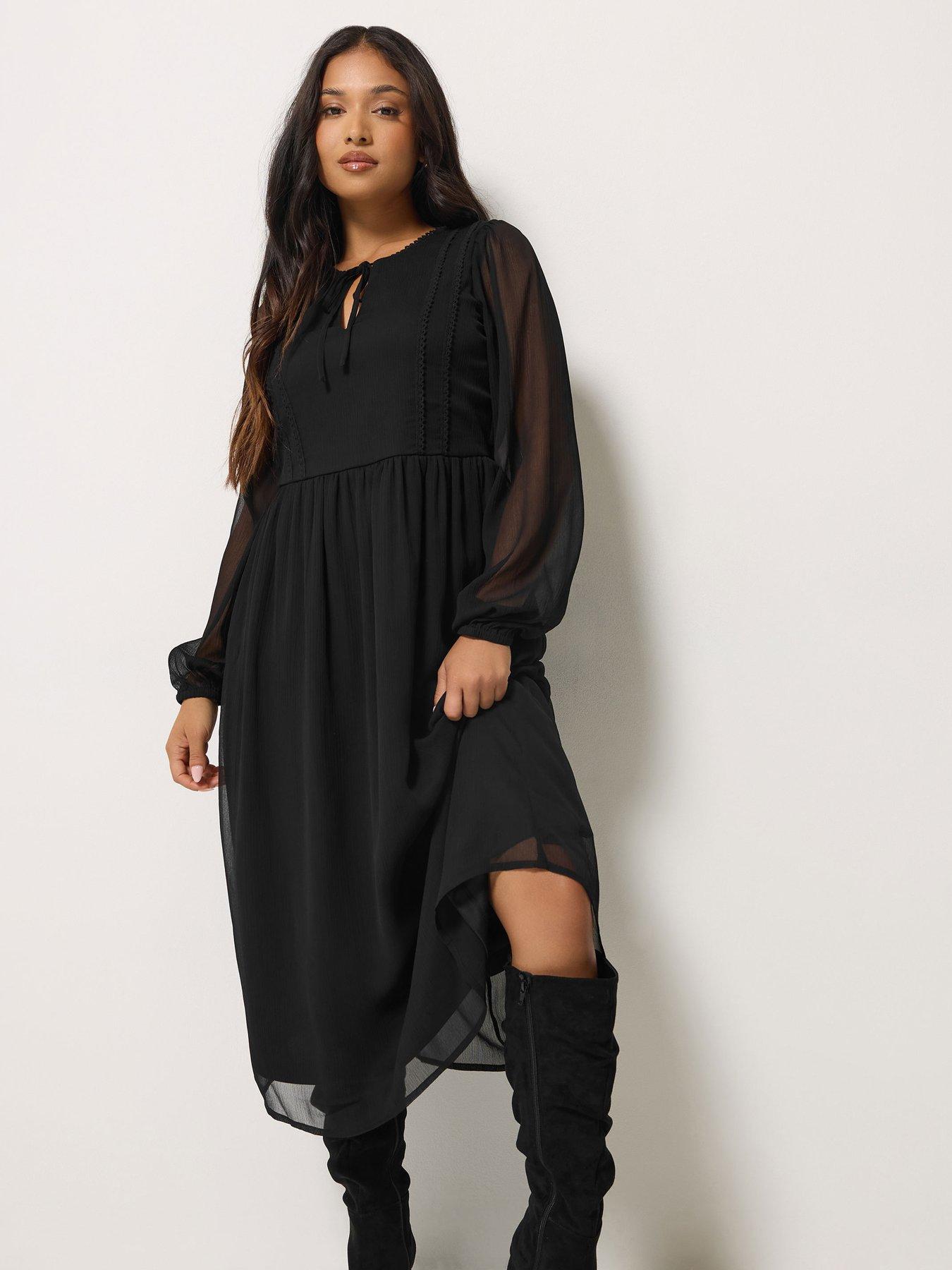 Image 1 of 4 of PixieGirl Womens Petite Tie Neck Tiered Midi Dress - Black