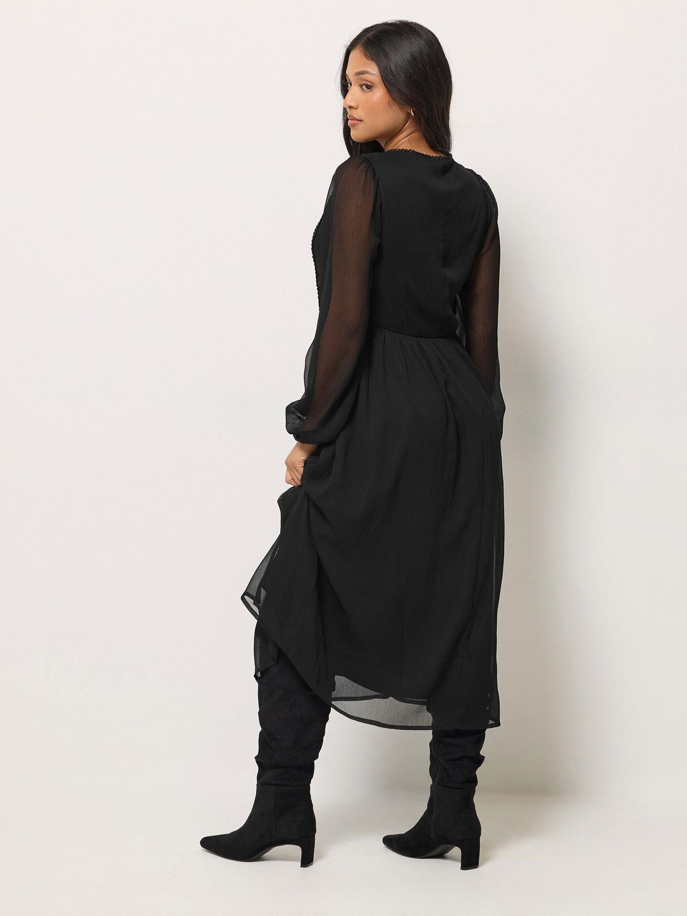 Image 2 of 4 of PixieGirl Womens Petite Tie Neck Tiered Midi Dress - Black