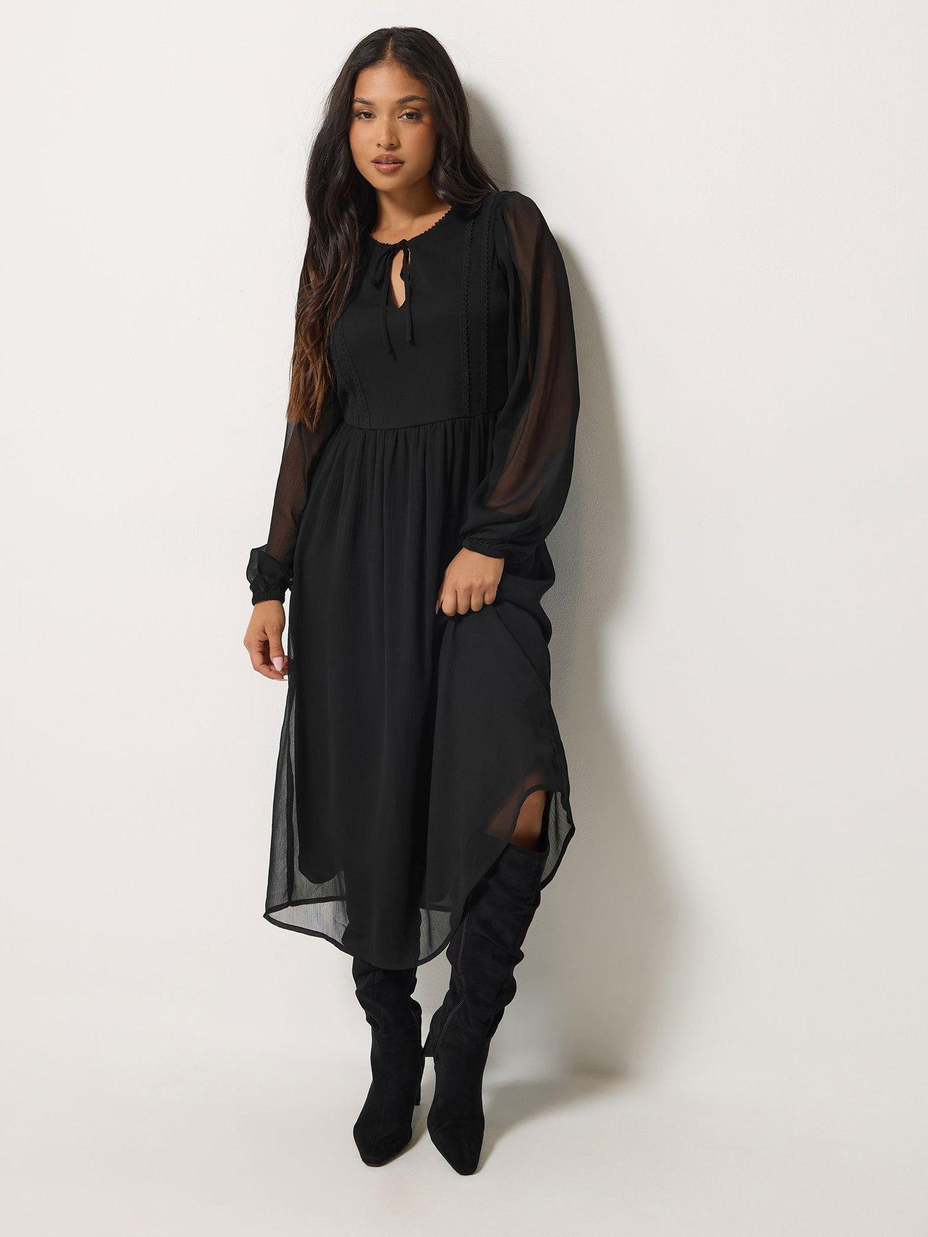 Image 3 of 4 of PixieGirl Womens Petite Tie Neck Tiered Midi Dress - Black