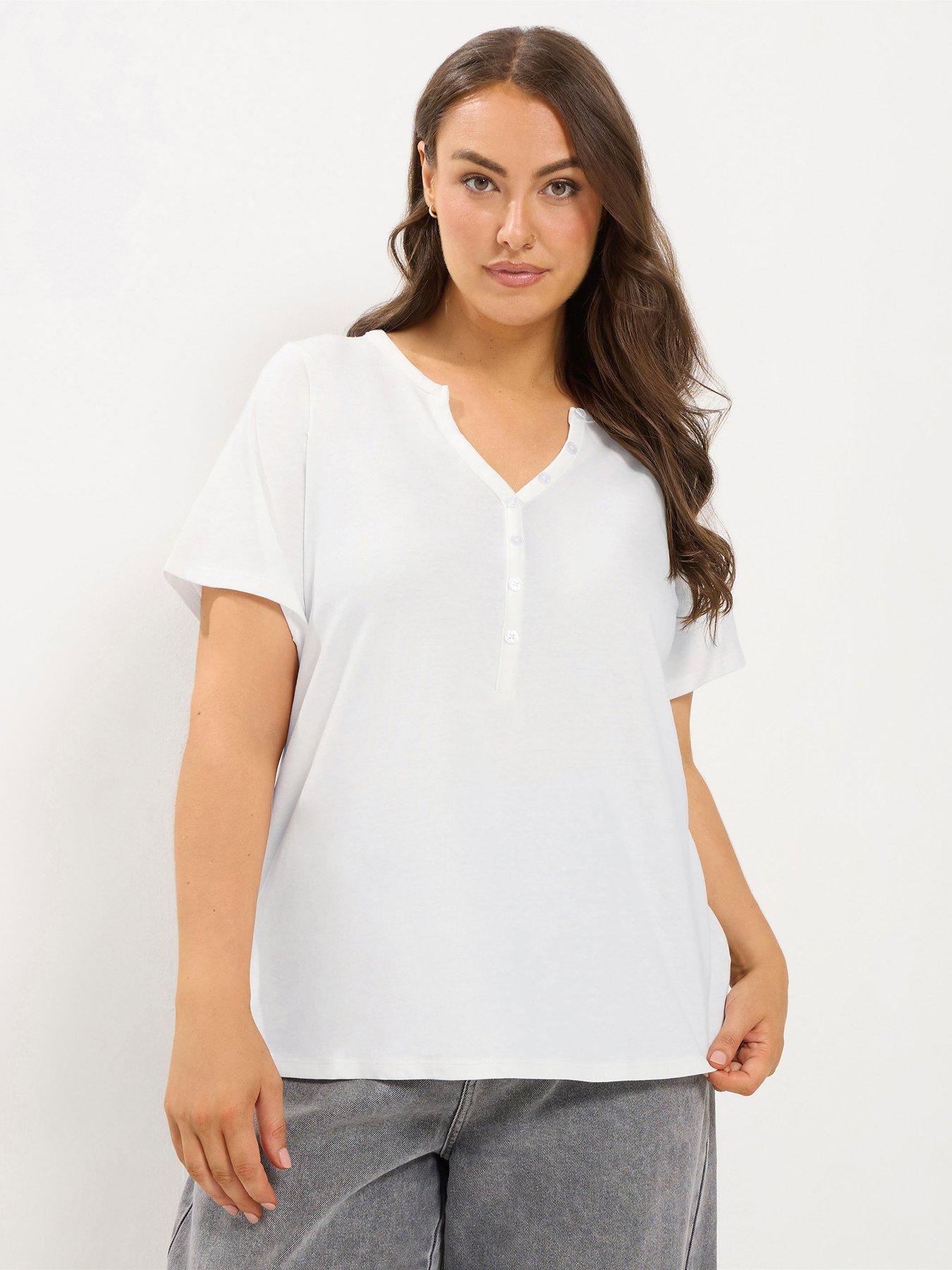 Yours Curve Short Sleeve Henley Button T-Shirt - Ivory