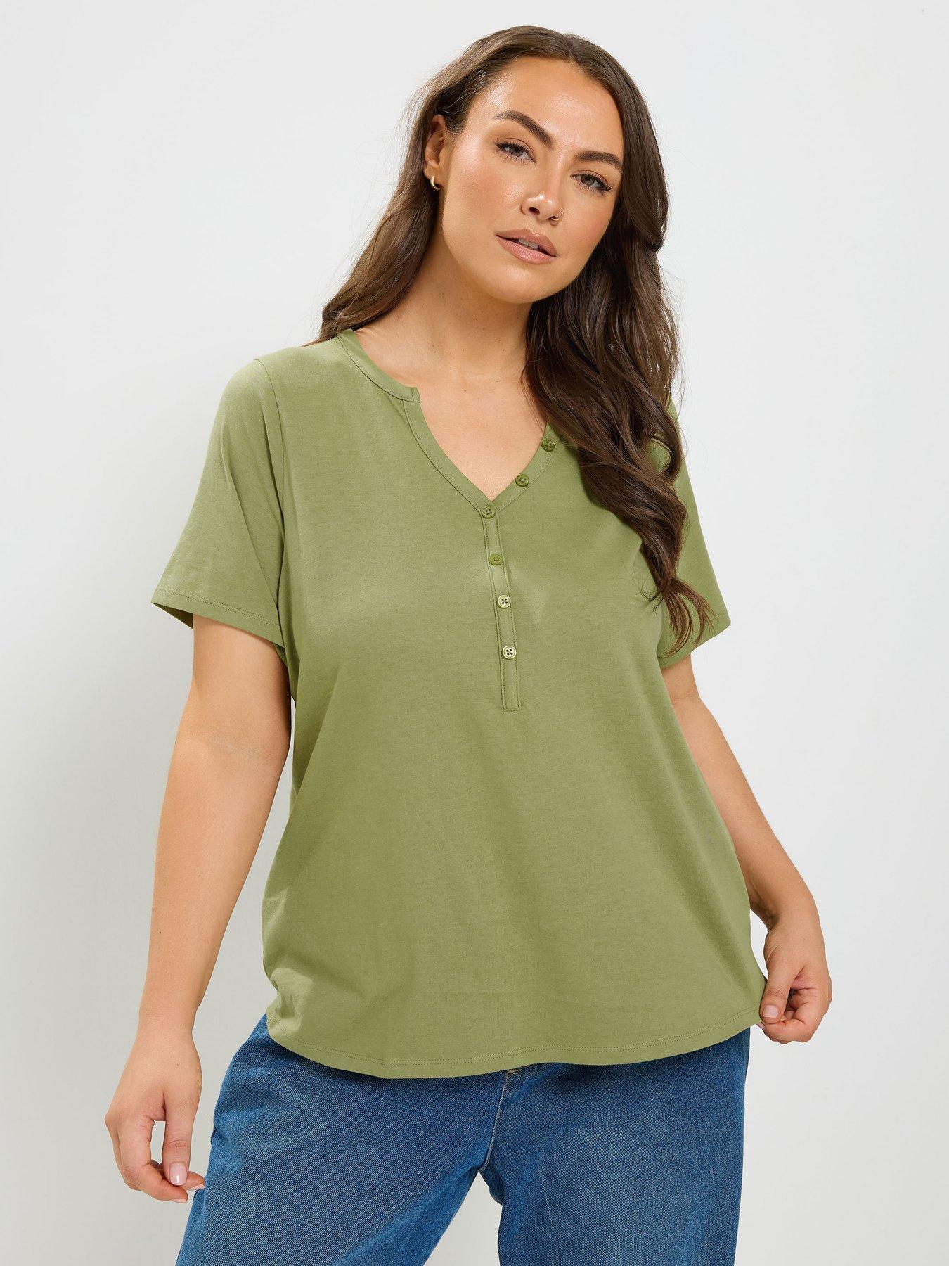 Yours Curve Short Sleeve Henley Button T-Shirt - Green
