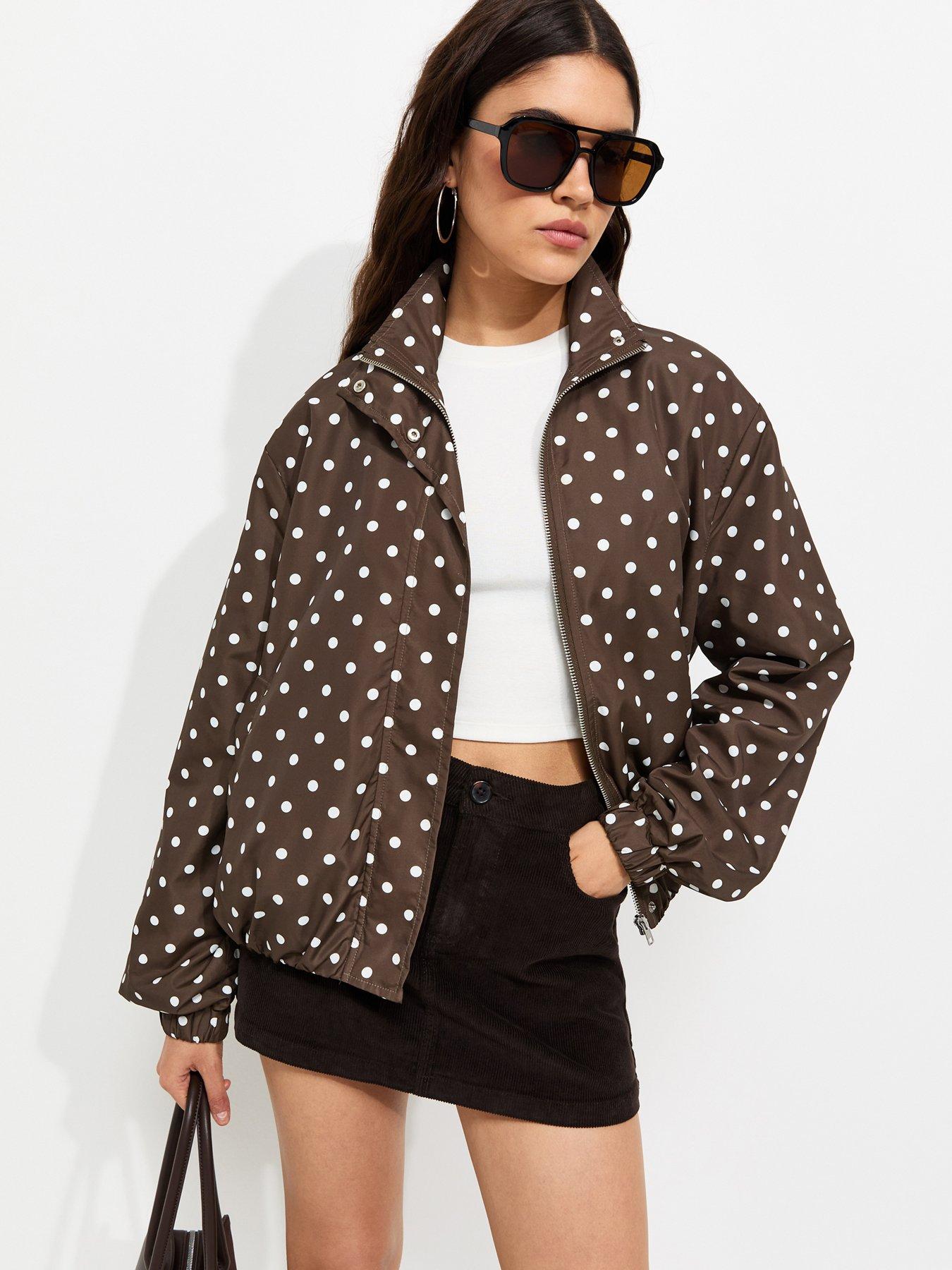 New Look Polka Dot Bubble Hem Zip Windbreaker Jacket - Brown