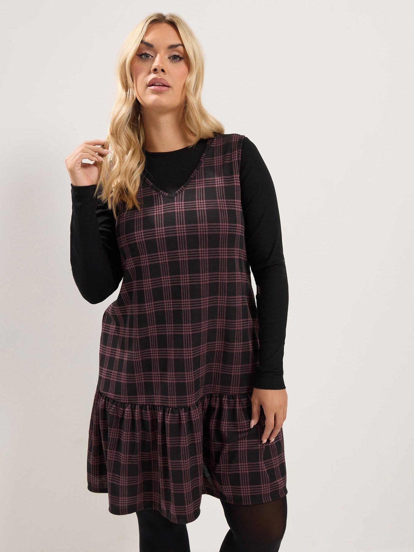 Yours Curve V Neck Check Pinafore Dress - Red