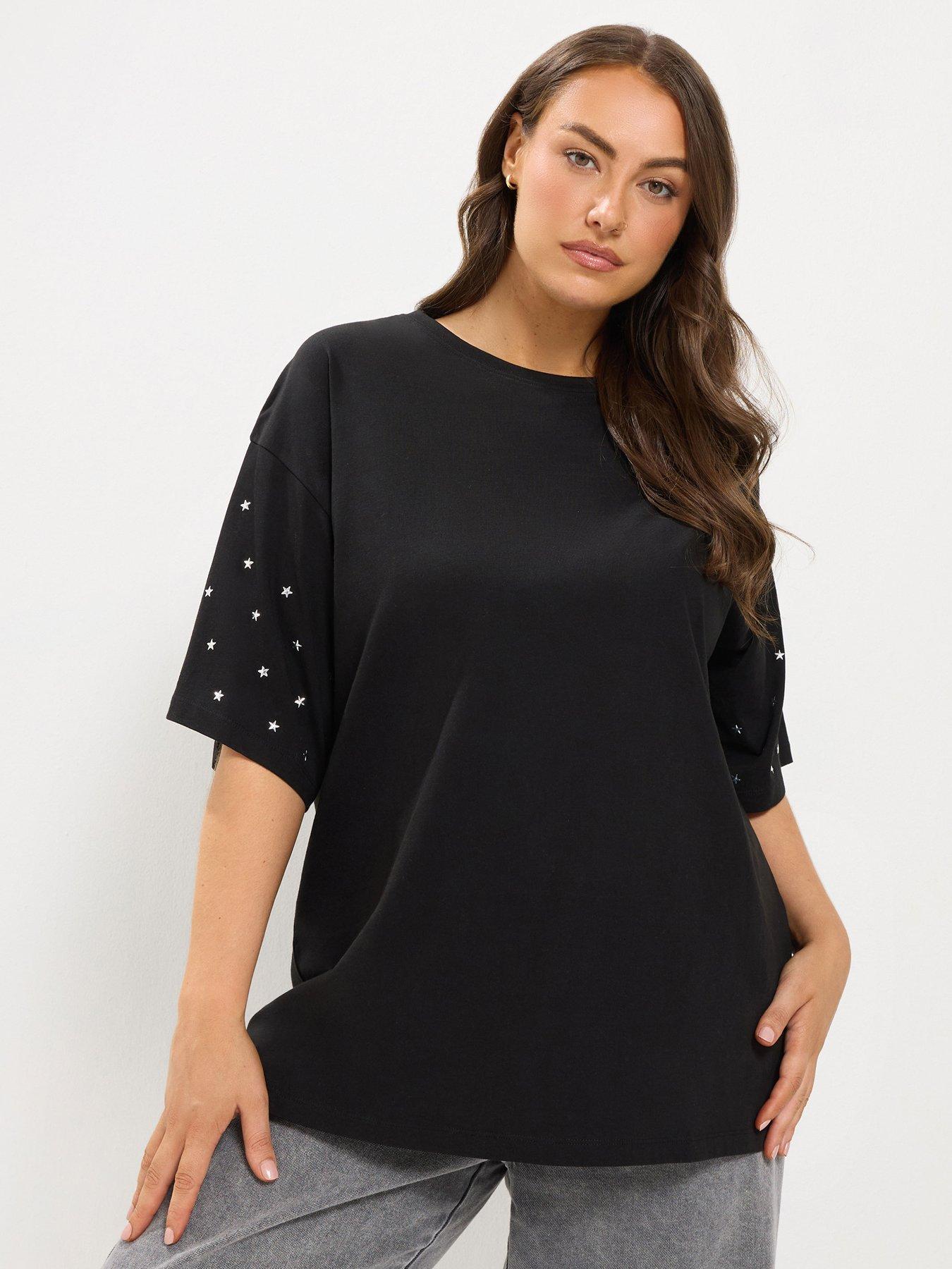 Yours Curve Stud Sleeve T-Shirt - Black