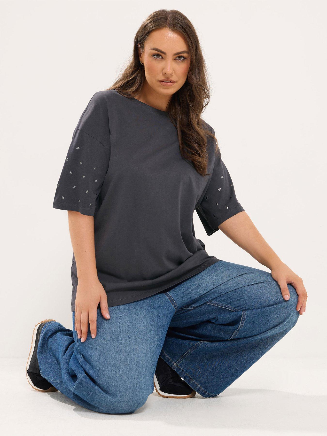 Yours Curve Star Stud Sleeve T-Shirt - Grey