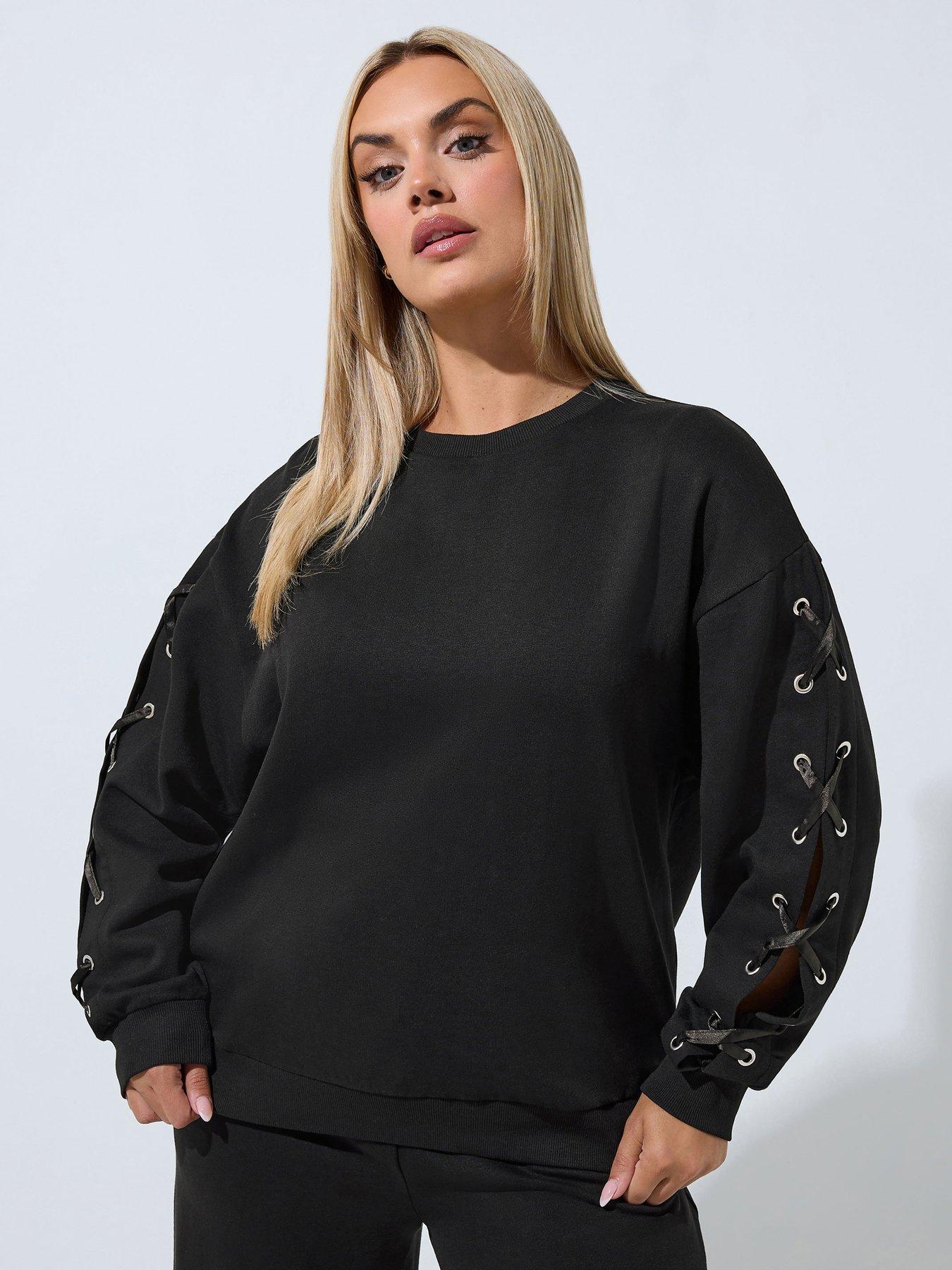 Image 1 of 4 of Yours Womens Plus Size Lace-Up Sleeve Satin Ribbon Jumper - Black