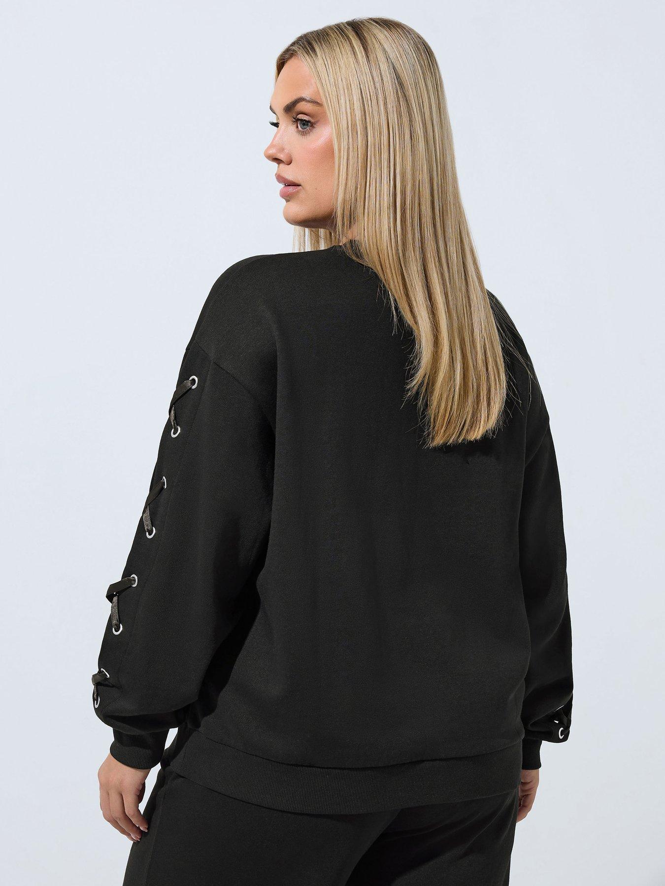 Image 2 of 4 of Yours Womens Plus Size Lace-Up Sleeve Satin Ribbon Jumper - Black