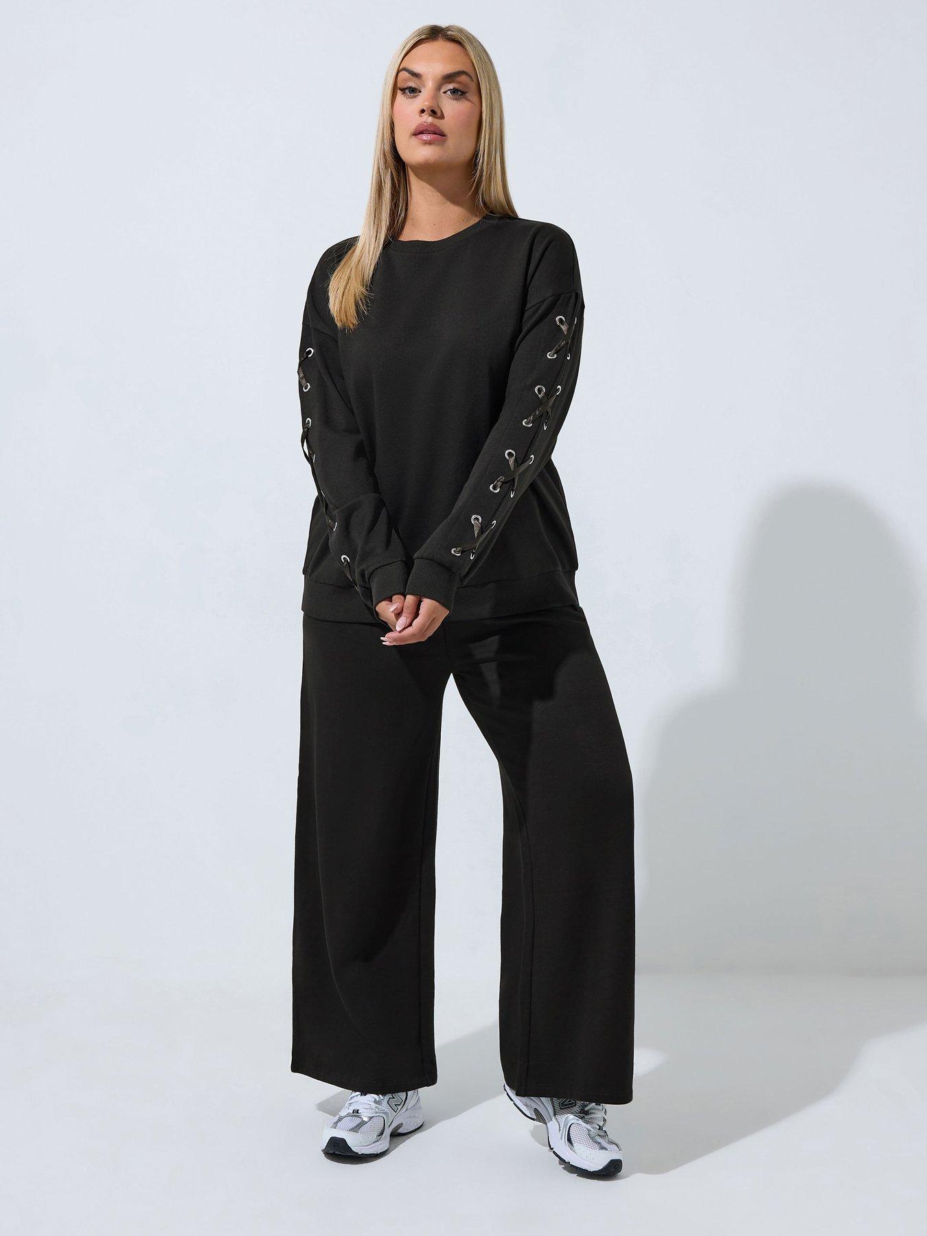 Image 3 of 4 of Yours Womens Plus Size Lace-Up Sleeve Satin Ribbon Jumper - Black