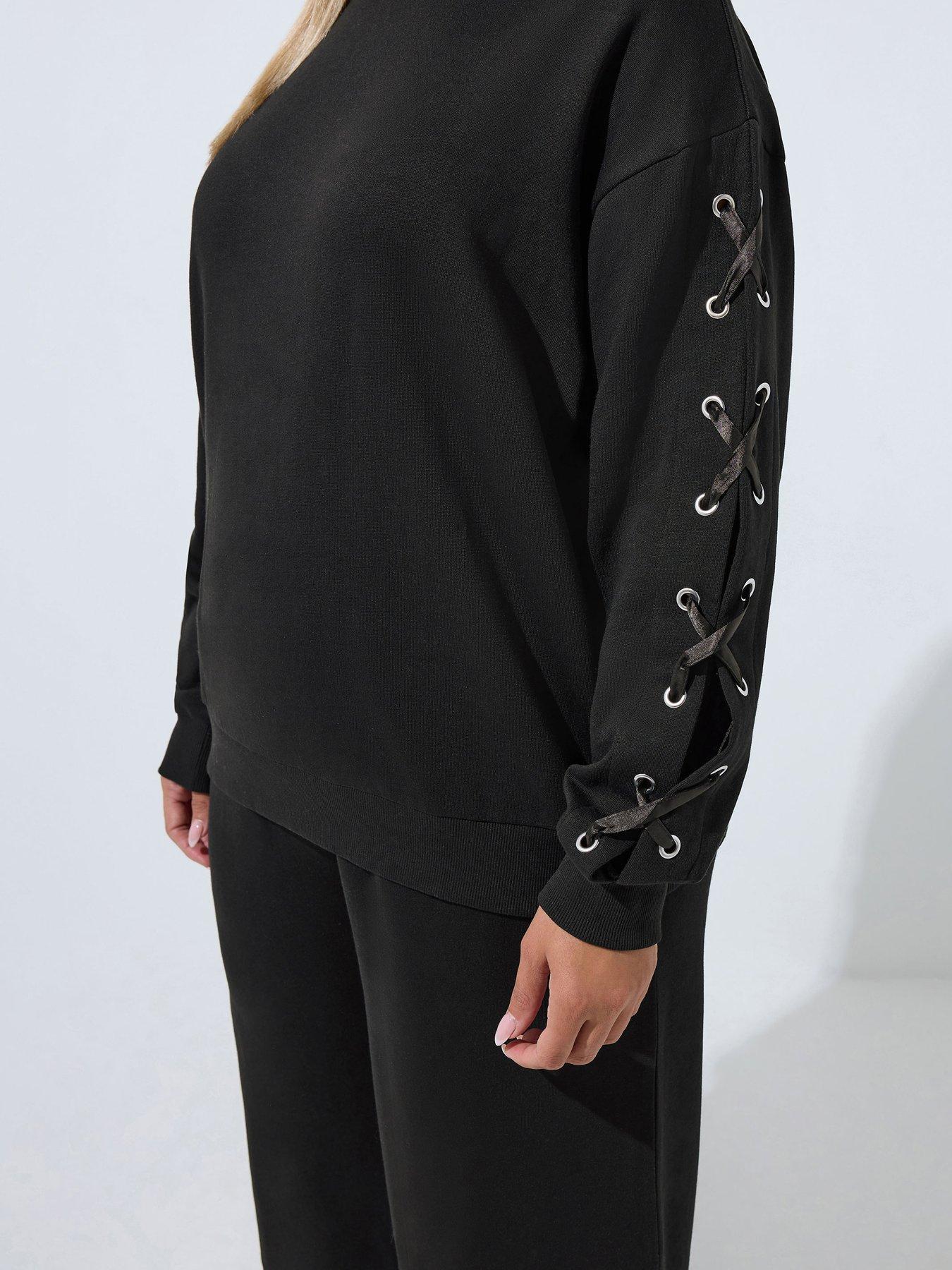 Image 4 of 4 of Yours Womens Plus Size Lace-Up Sleeve Satin Ribbon Jumper - Black