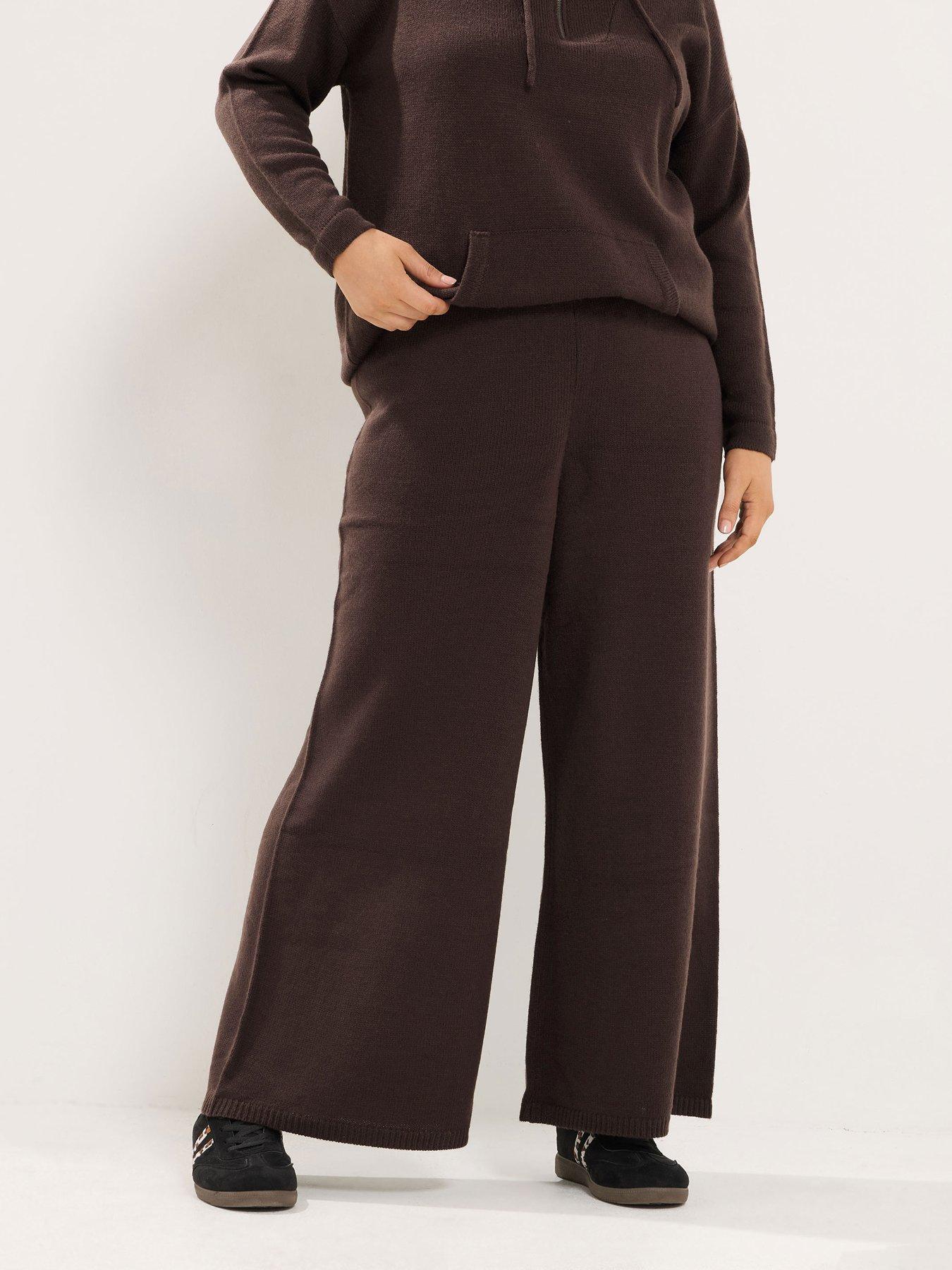 Yours Curve Wide Leg Knitted Trousers - Brown