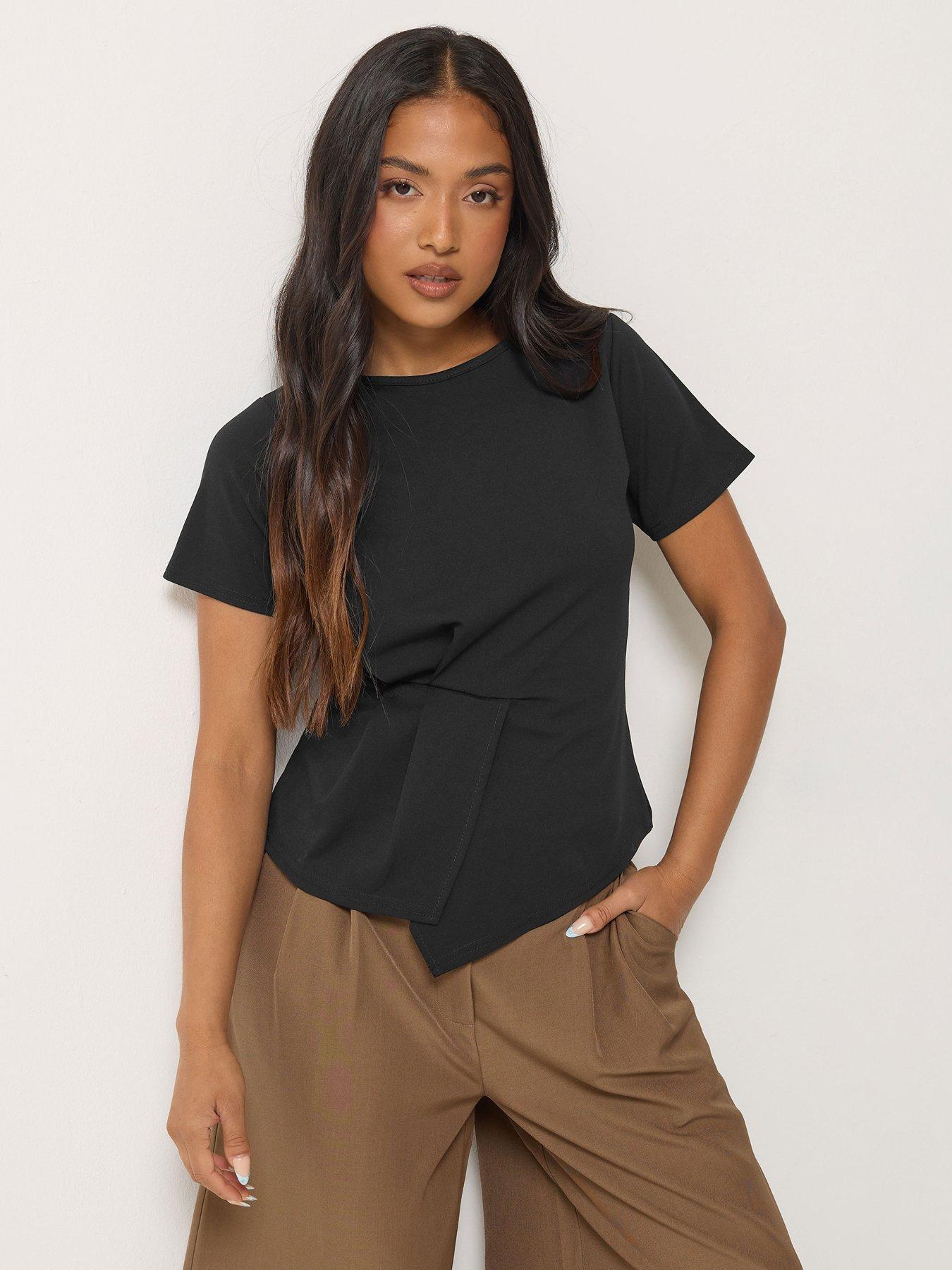 PixieGirl Petite Pleat Detail Short Sleeve Top - Black