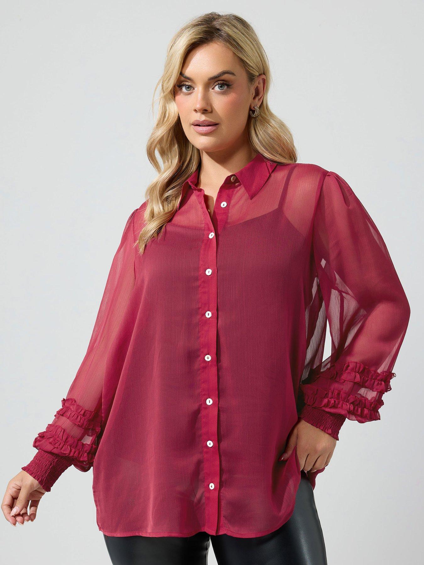 Image 1 of 4 of Yours Curve Sheer Cuffed Sleeve Shirt - Red