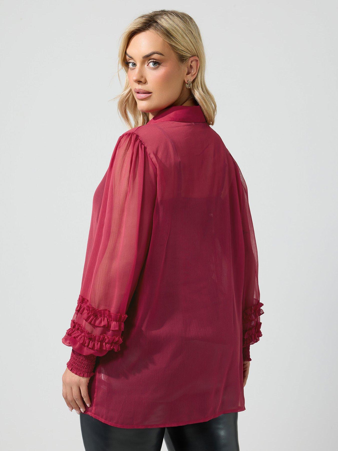 Image 3 of 4 of Yours Curve Sheer Cuffed Sleeve Shirt - Red