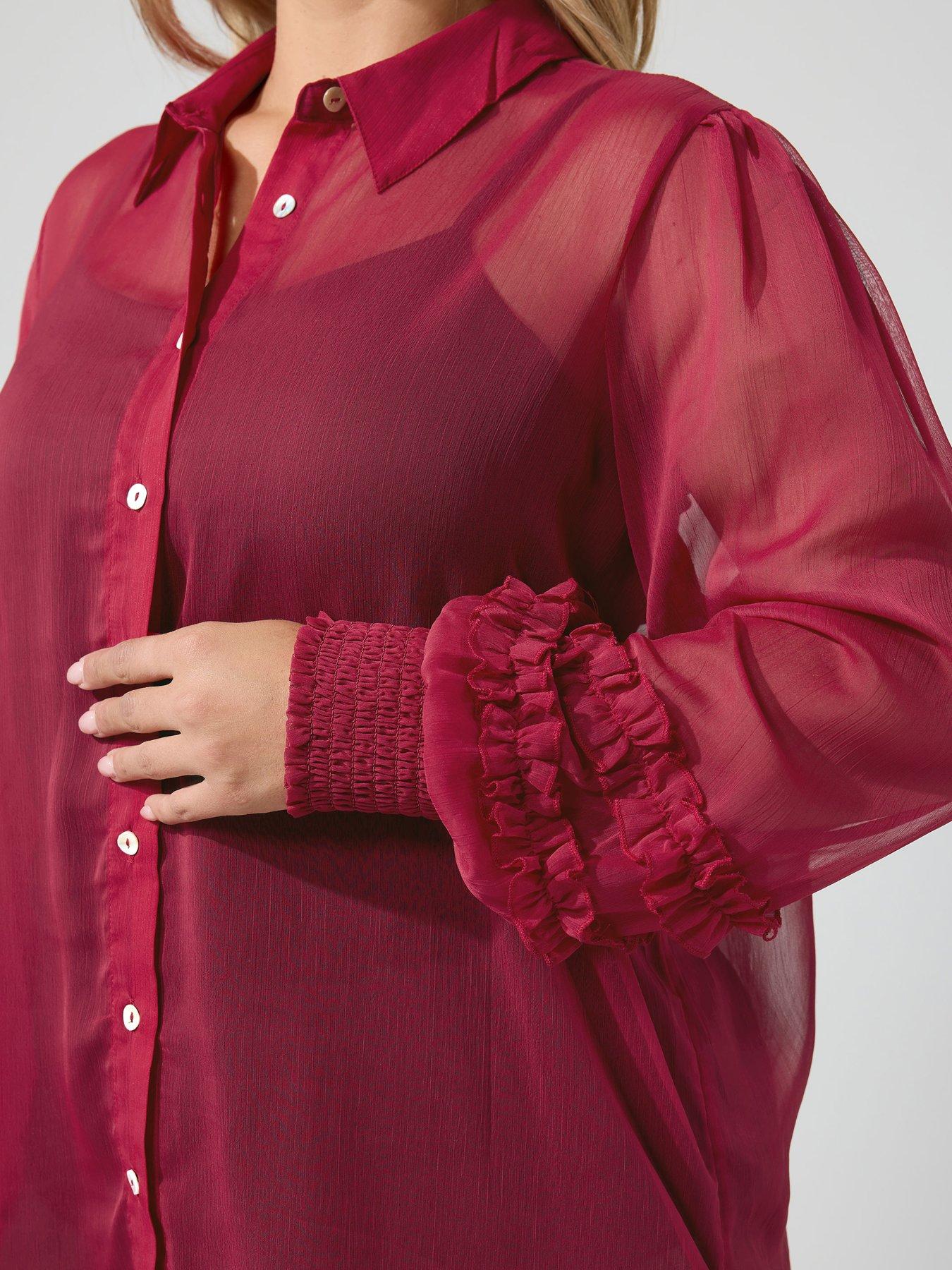 Image 4 of 4 of Yours Curve Sheer Cuffed Sleeve Shirt - Red