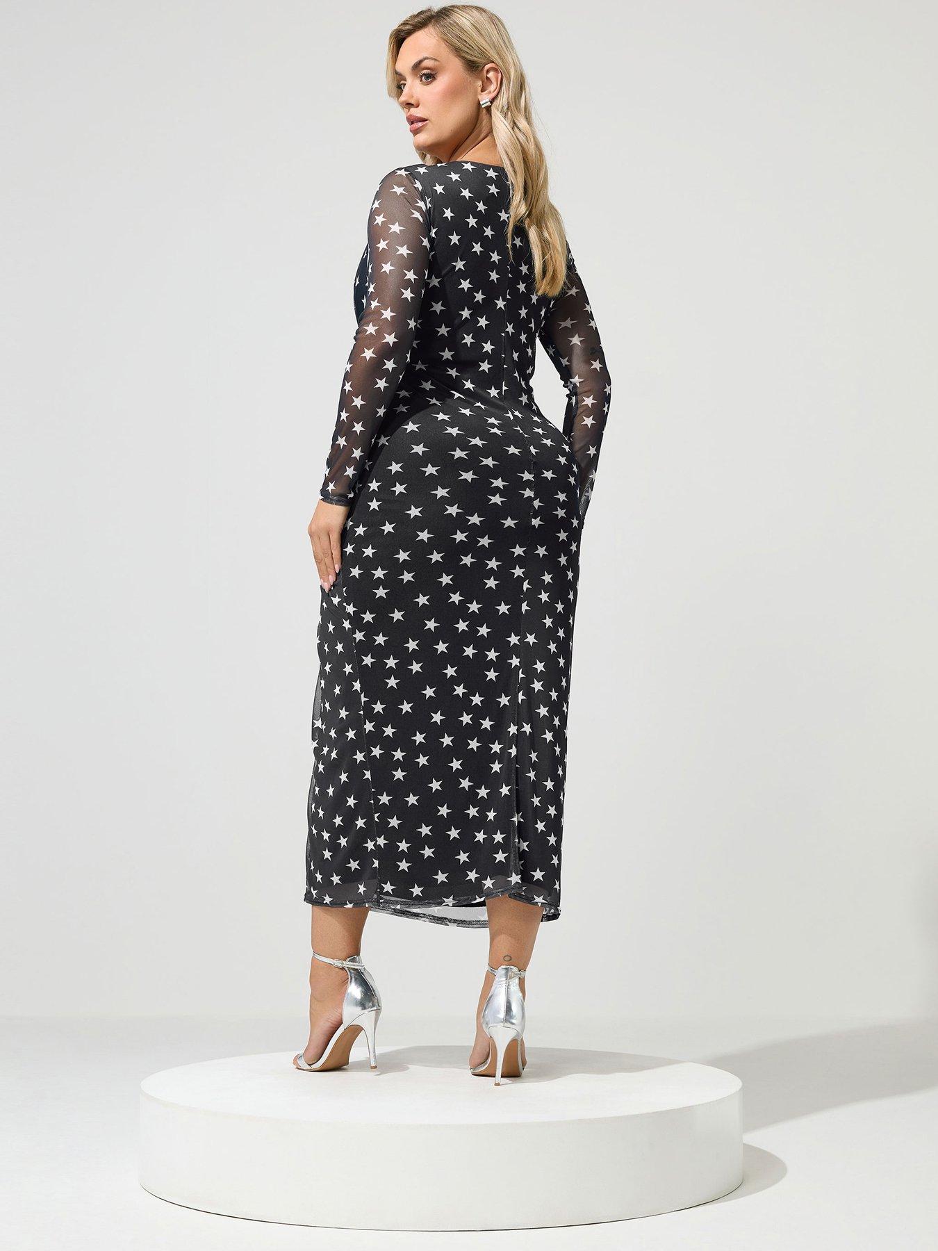 Yours Womens Curve Star Side Knot Mesh Sleeve Dress - Black | Littlewoods