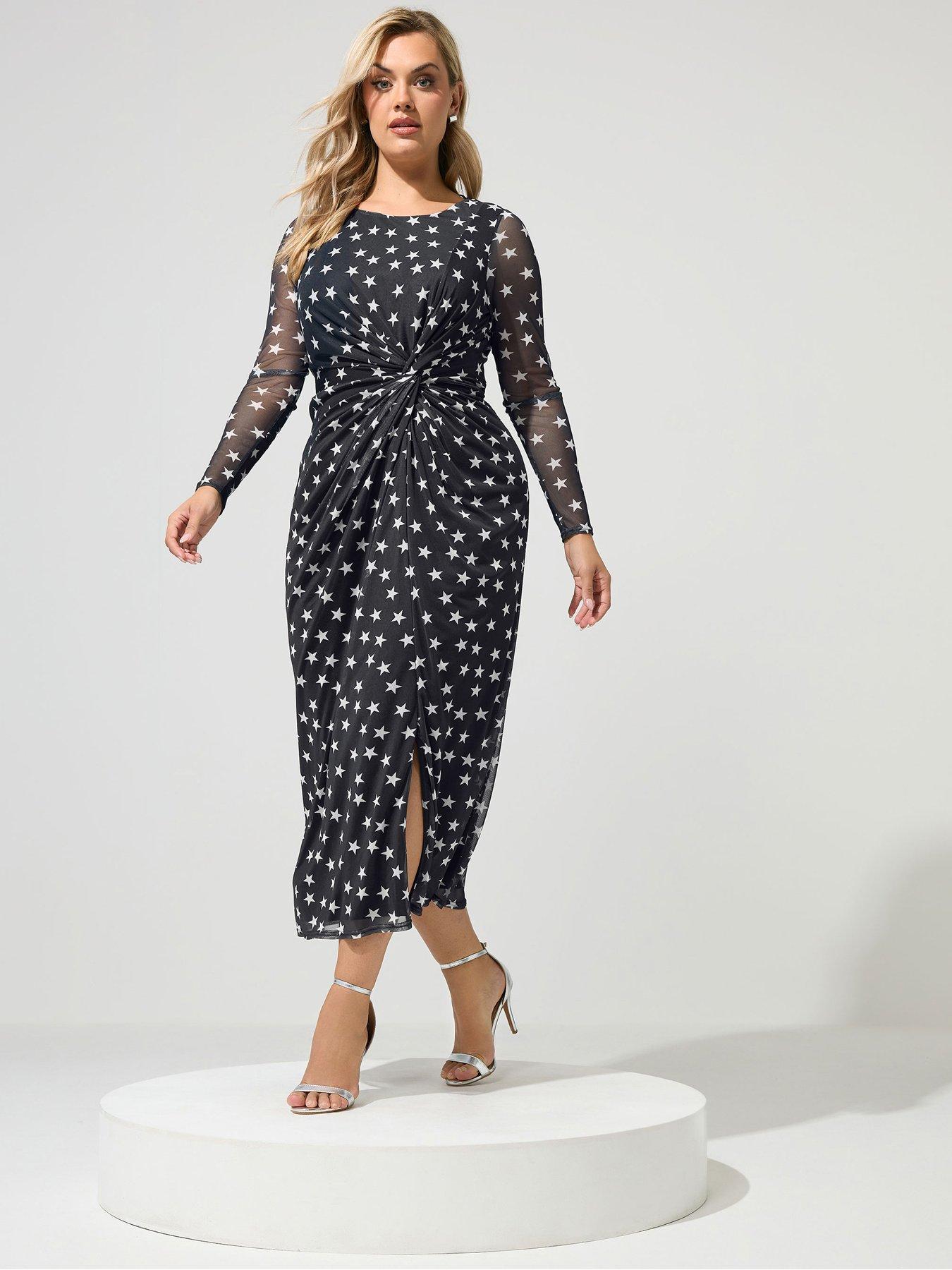 Yours Womens Curve Star Side Knot Mesh Sleeve Dress - Black | Littlewoods