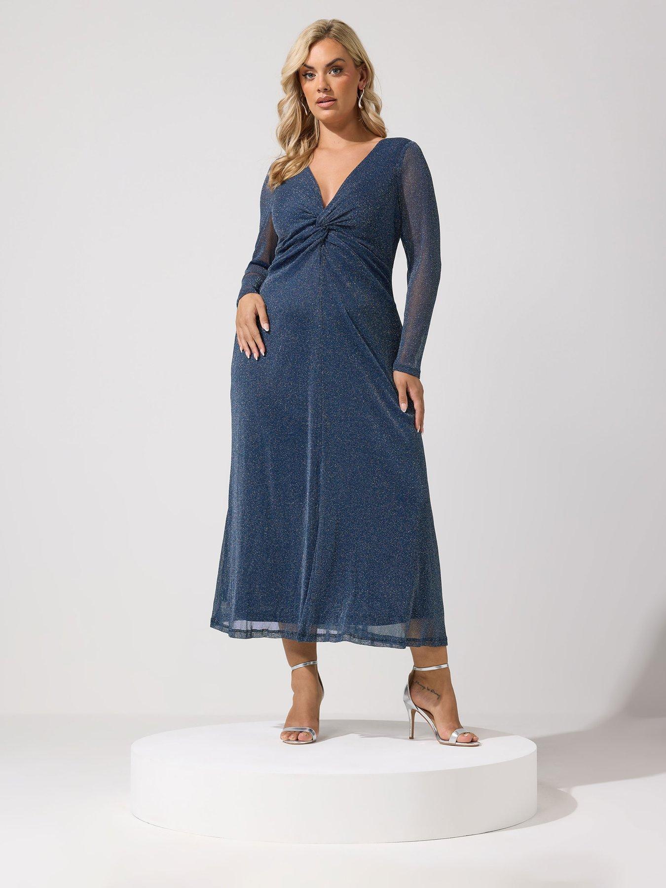 Image 3 of 4 of Yours Womens Curve Metallic Knot V-Neck Maxi Dress - Blue