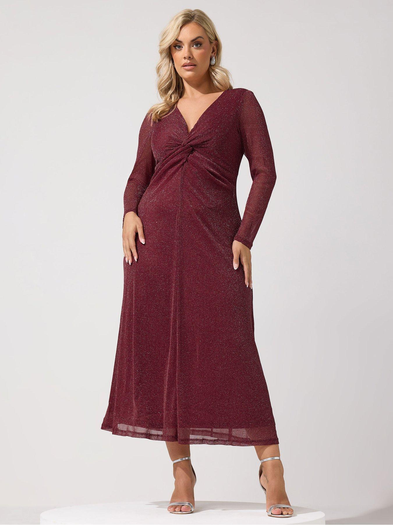 Image 1 of 4 of Yours Womens Curve Metallic Knot V-Neck Maxi Dress - Red