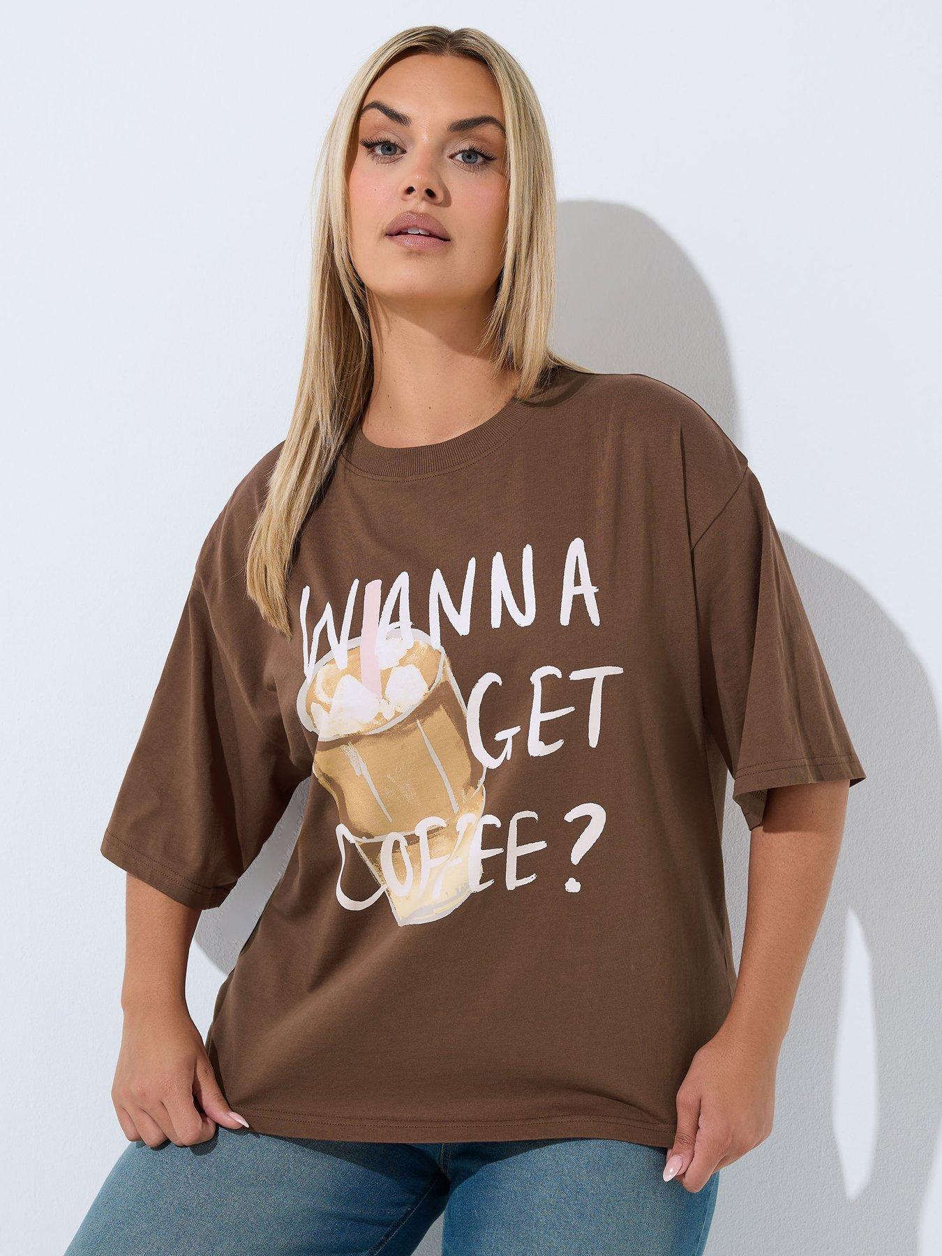 Yours Curve "Wanna Get Coffee" Slogan T-Shirt - Brown