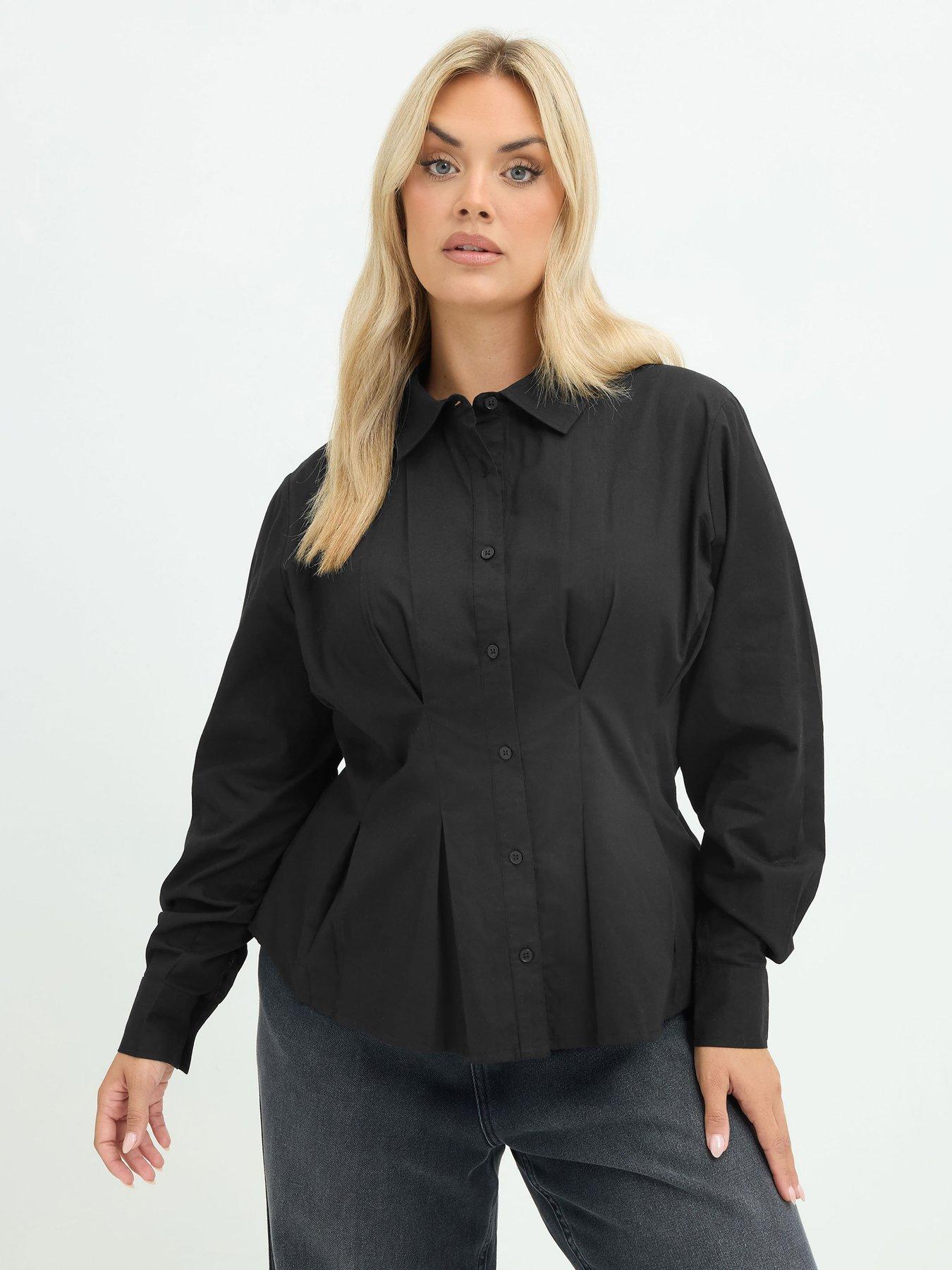 Image 1 of 4 of Yours Womens Plus Size Shaped Seam Button-Through Long Sleeve Shirt - Black