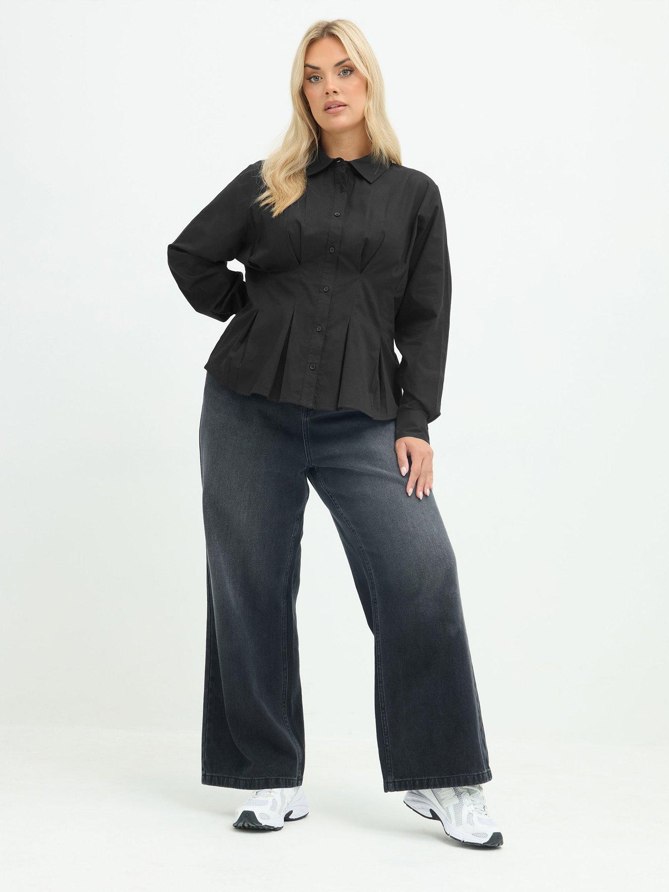 Image 3 of 4 of Yours Womens Plus Size Shaped Seam Button-Through Long Sleeve Shirt - Black