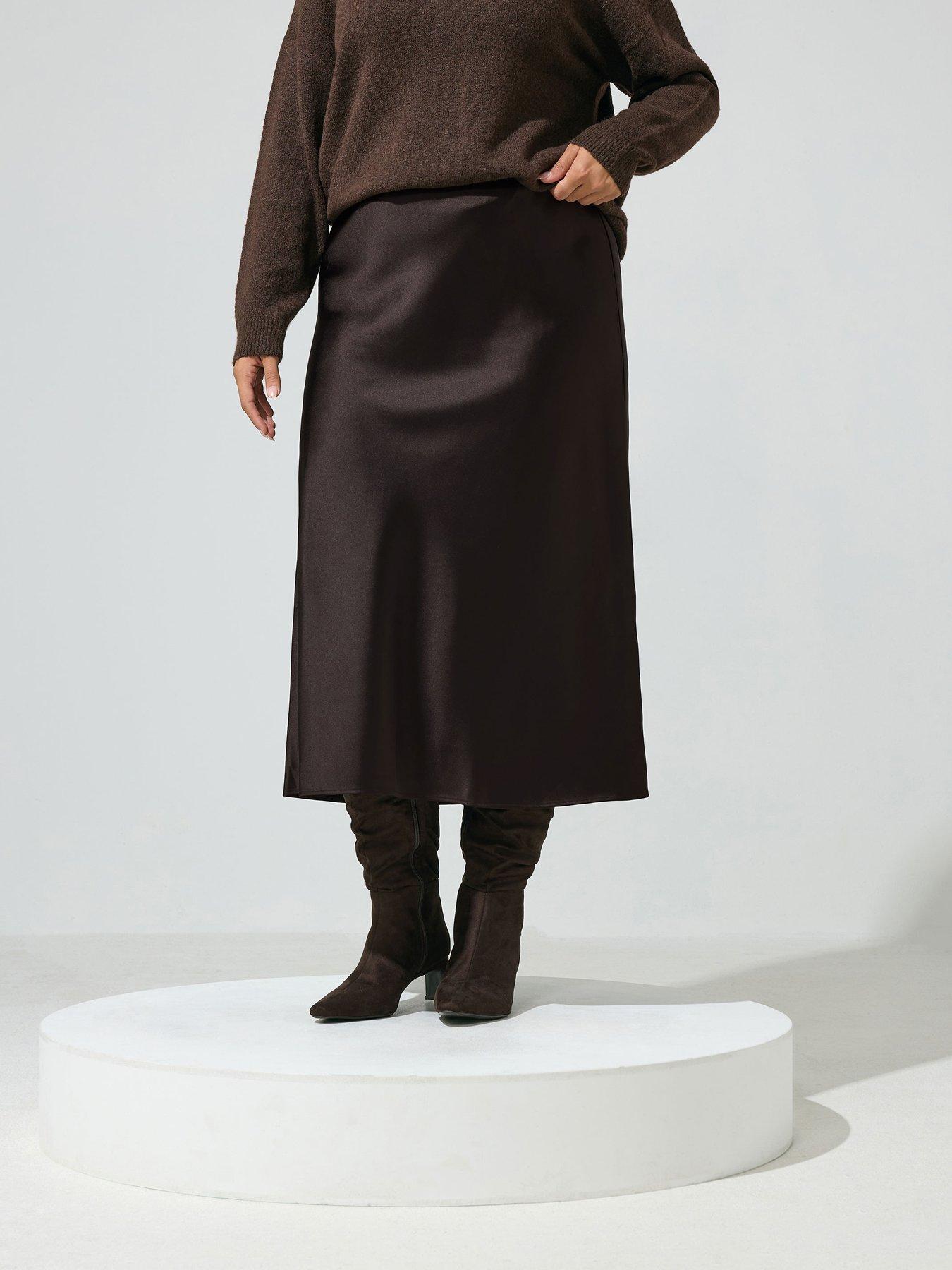 Image 1 of 4 of Yours Curve Satin Skirt - Brown