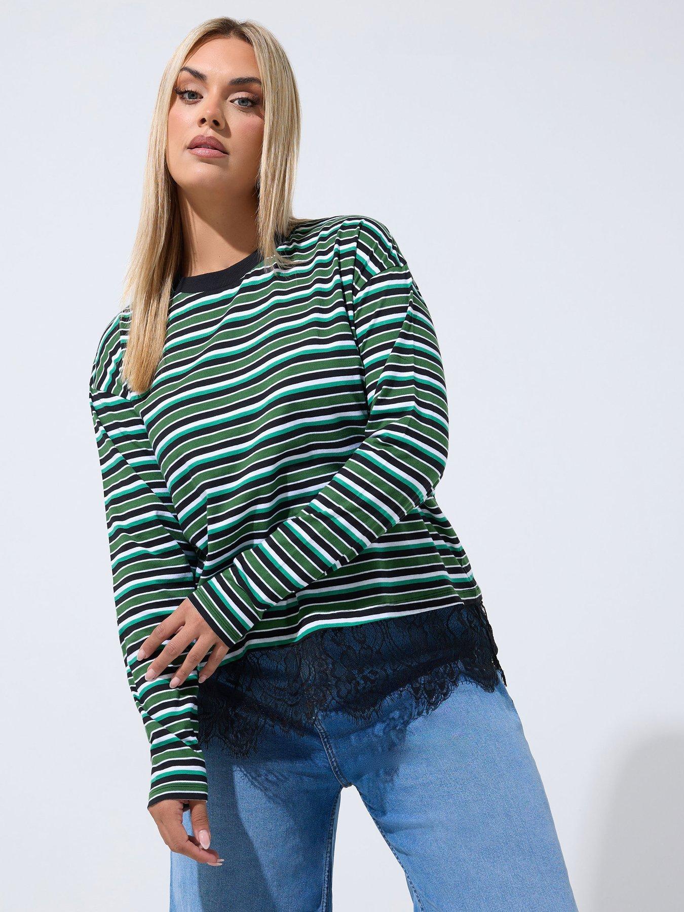 Yours Curve Stripe Long Sleeve Lace Hem Top - Green