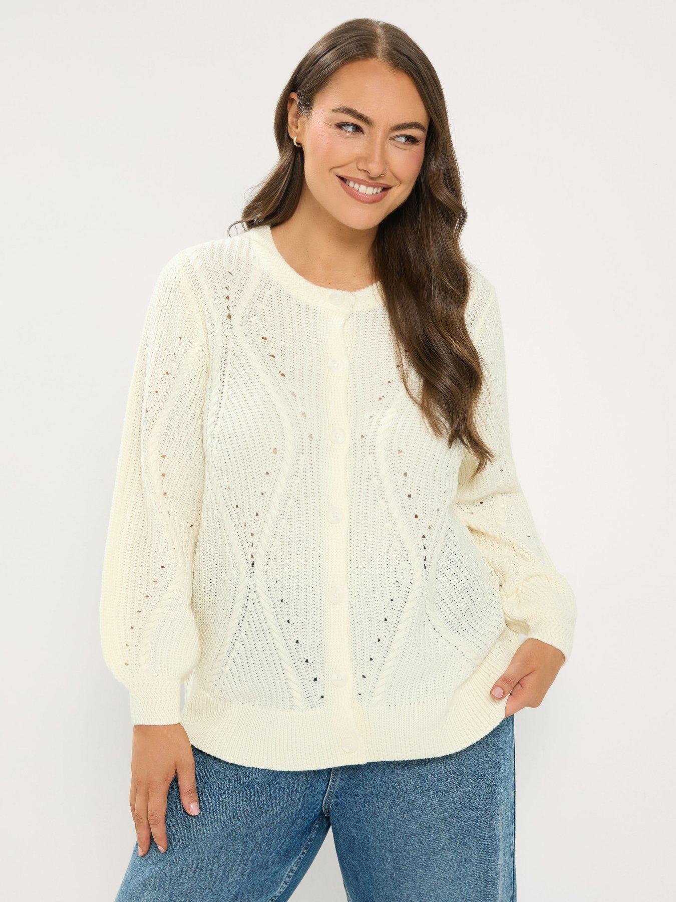 Yours Curve Pointelle Crew Neck Knit Cardigan - Ivory