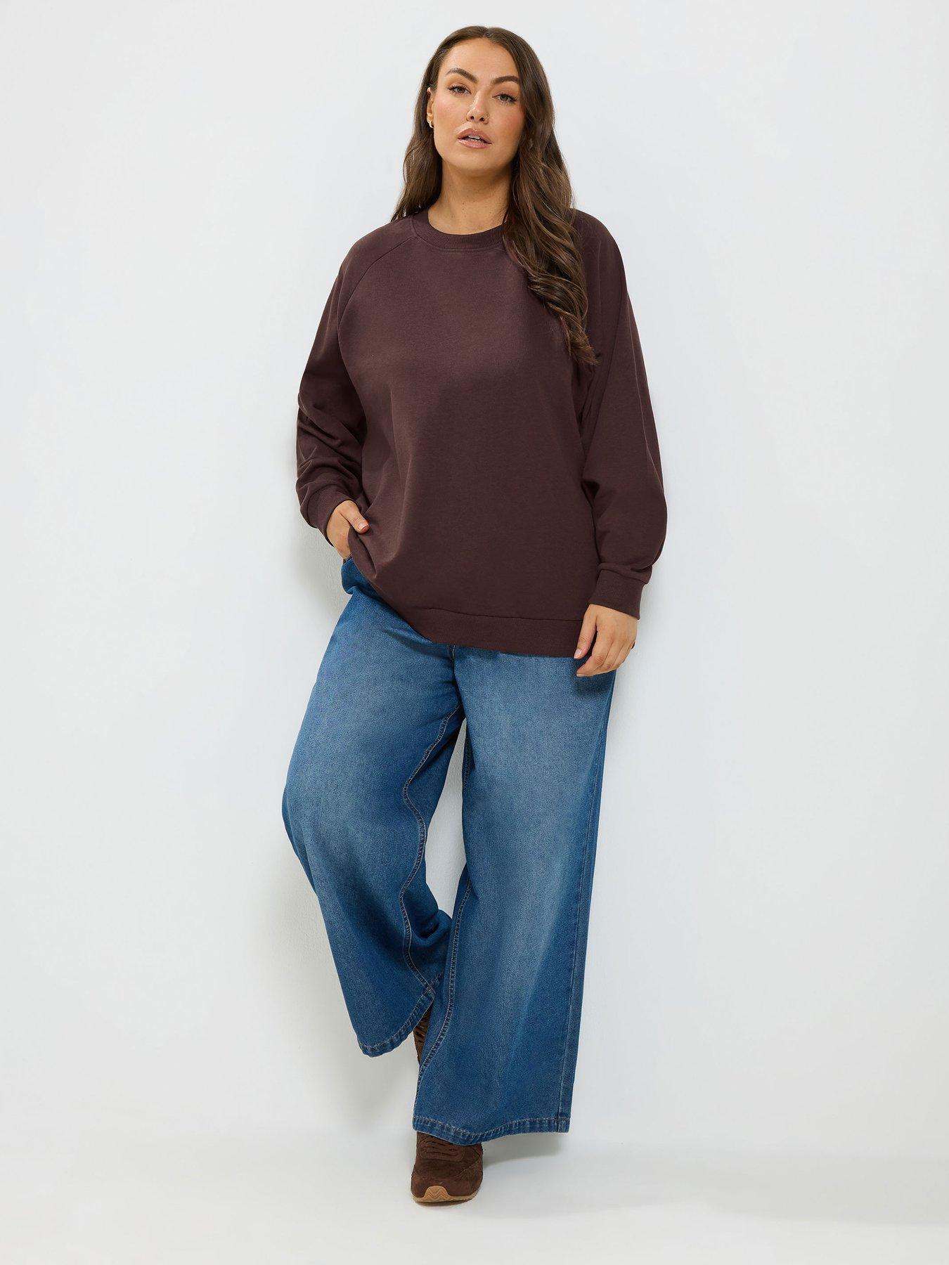 Image 3 of 4 of Yours Womens Curve Oversized Raglan Ribbed Sweatshirt - Brown