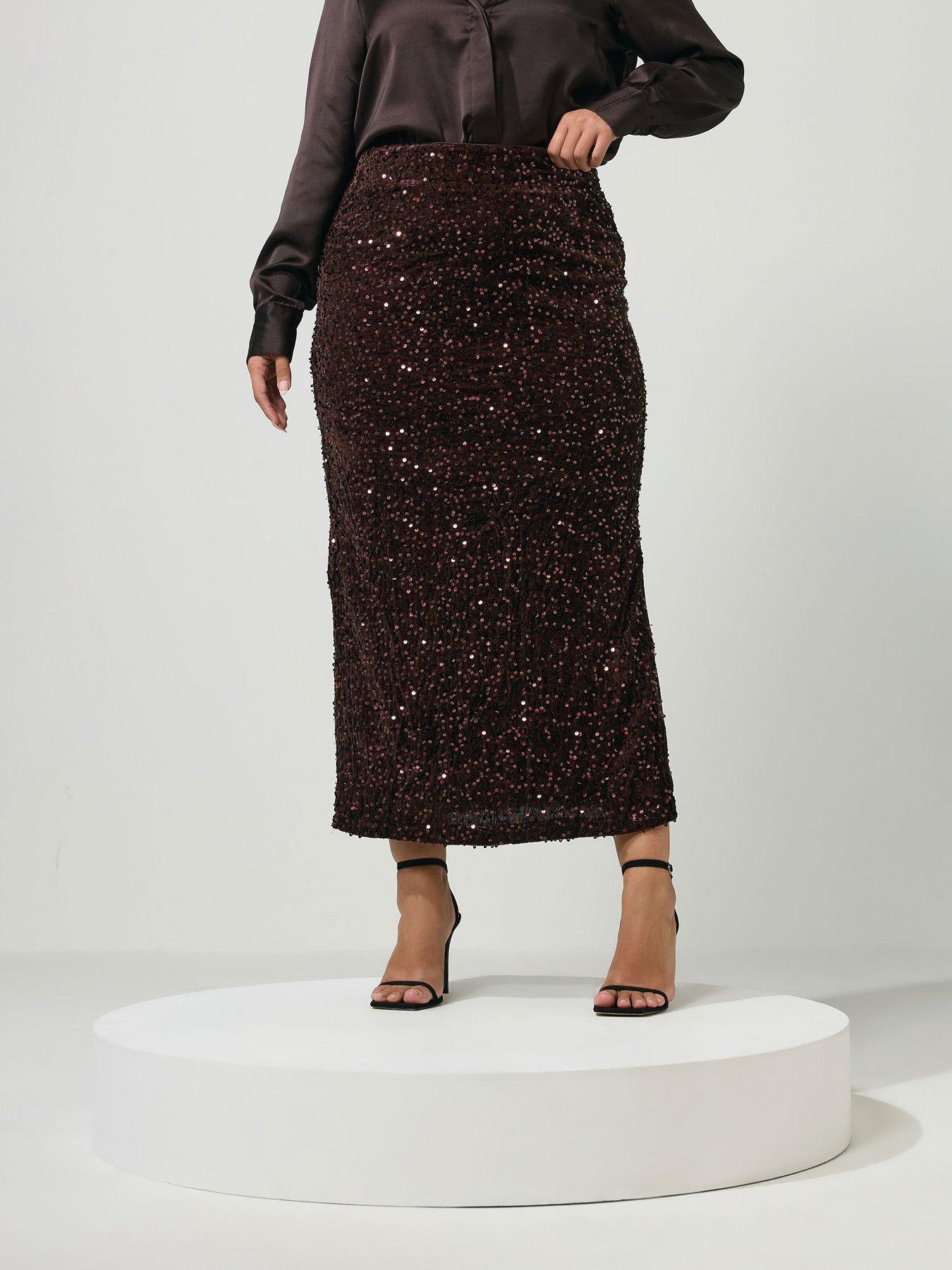 Image 3 of 4 of Yours Curve Sequin Velvet Maxi Skirt