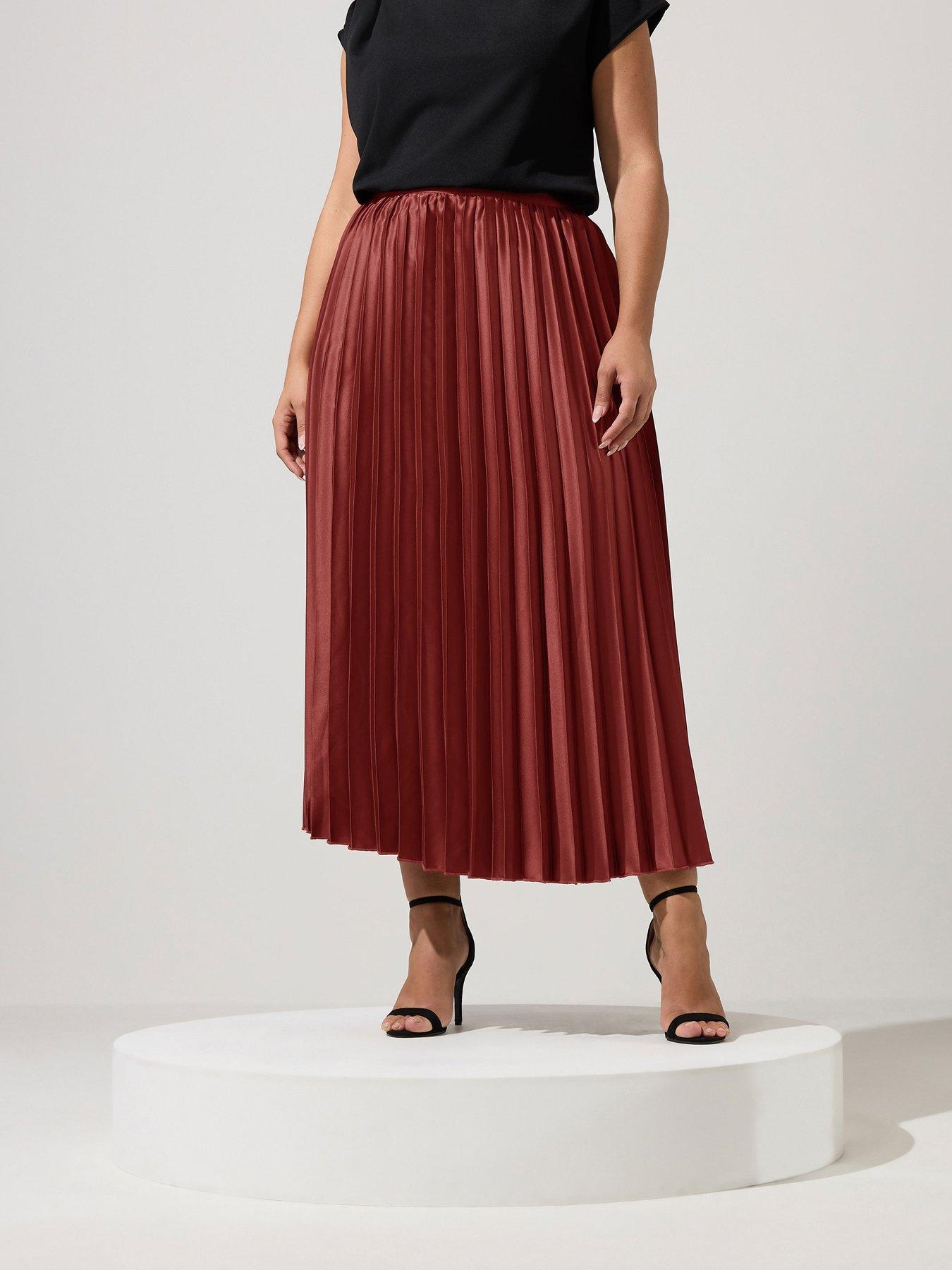 Image 1 of 4 of Yours Curve Pleated Satin Skirt - Brown
