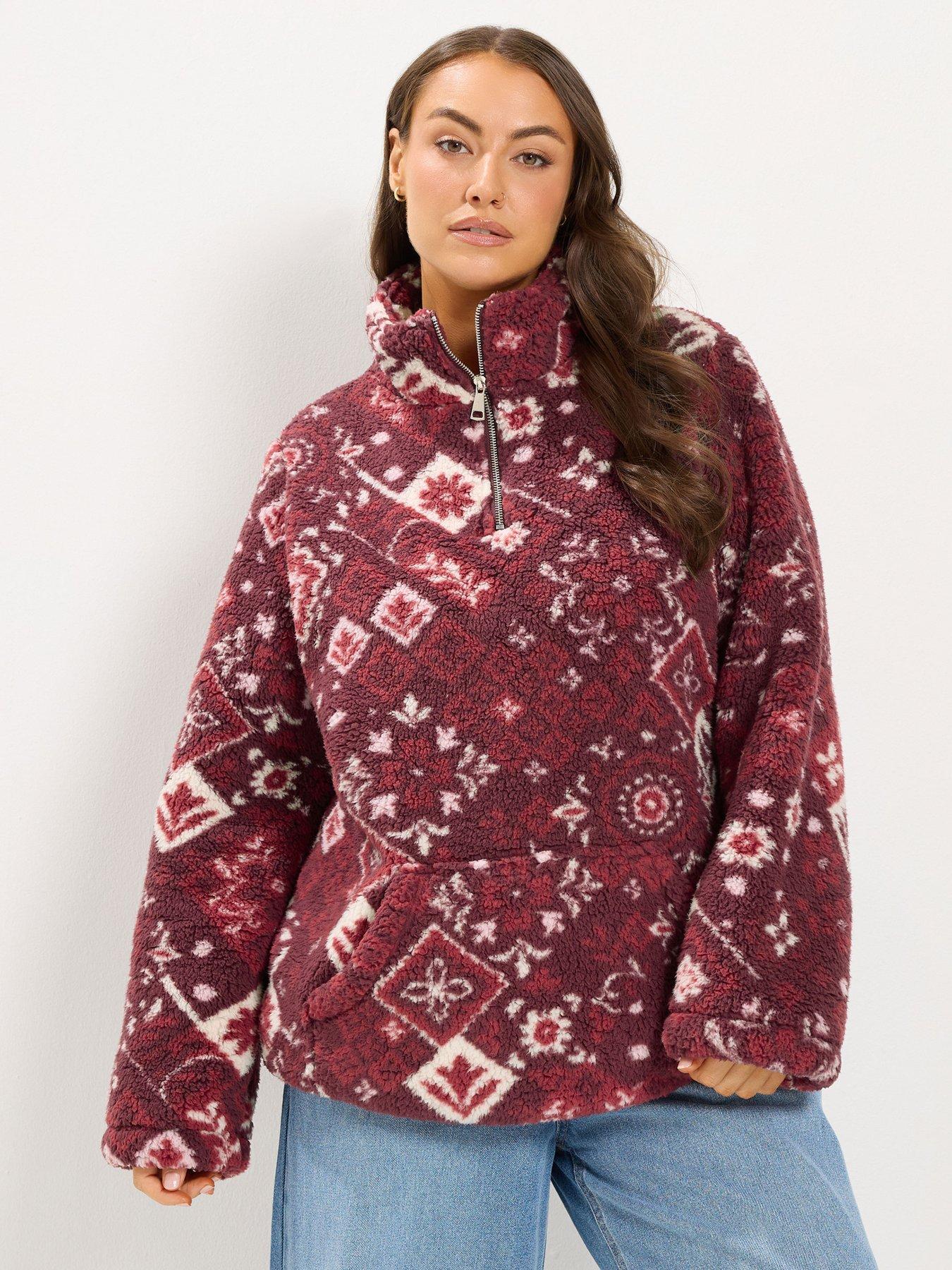 Yours Curve Sherpa Borg Half Zip Fleece - Red