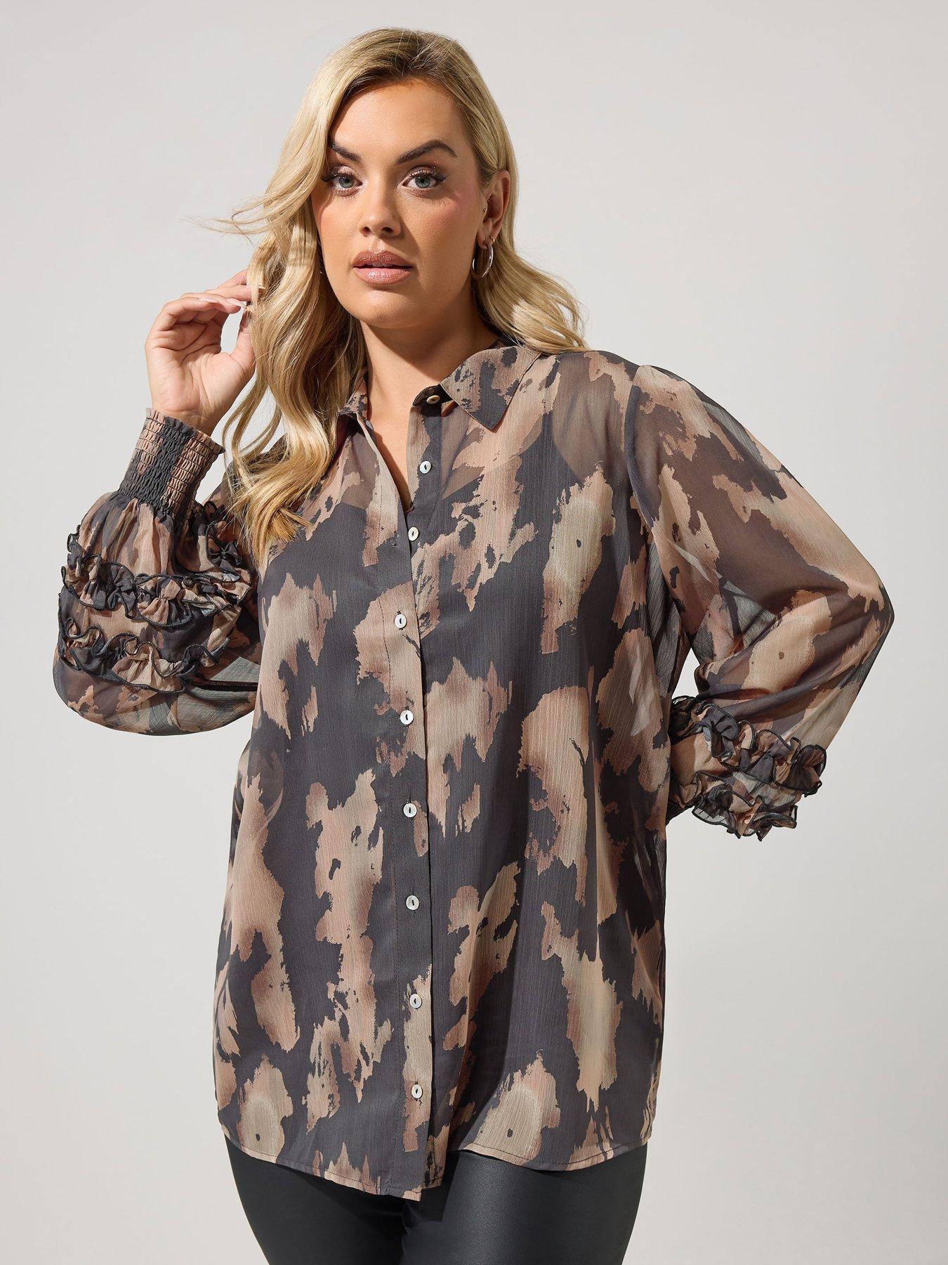 Image 1 of 4 of Yours Curve Abstract Cuffed Sleeve Shirt - Black