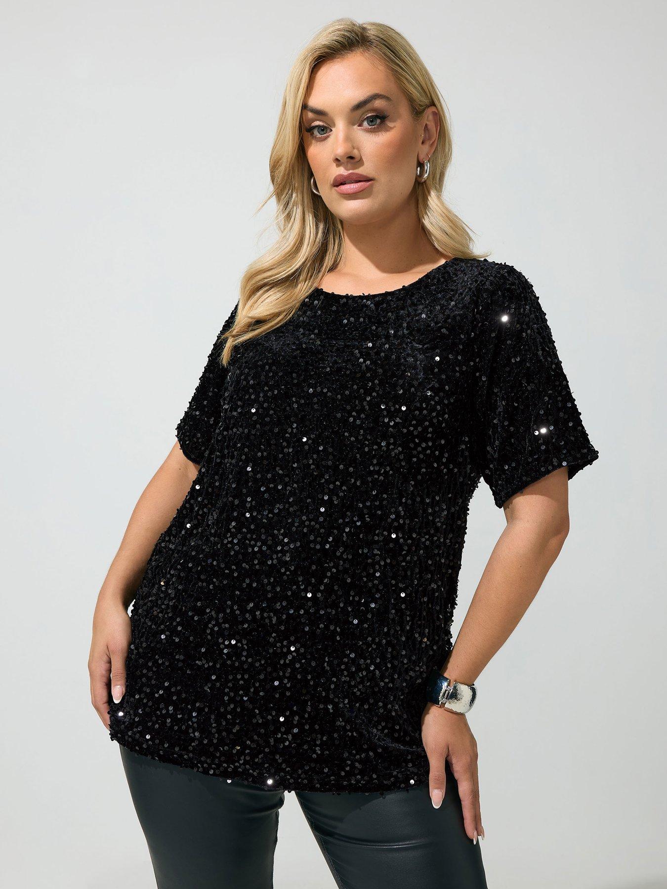 Image 1 of 4 of Yours Womens Plus Size Sequin Velvet Longer Length T-Shirt - Black