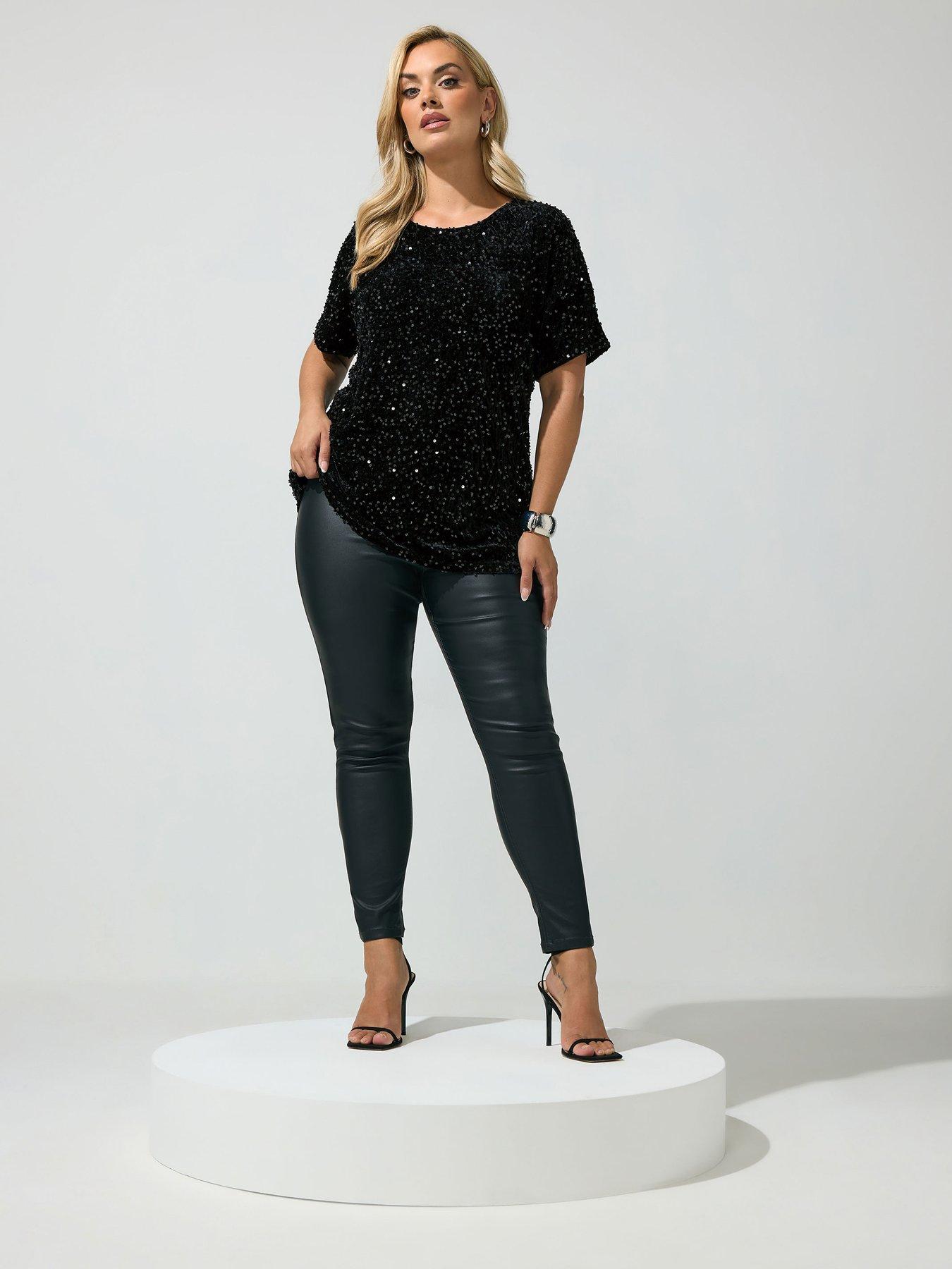 Image 3 of 4 of Yours Womens Plus Size Sequin Velvet Longer Length T-Shirt - Black