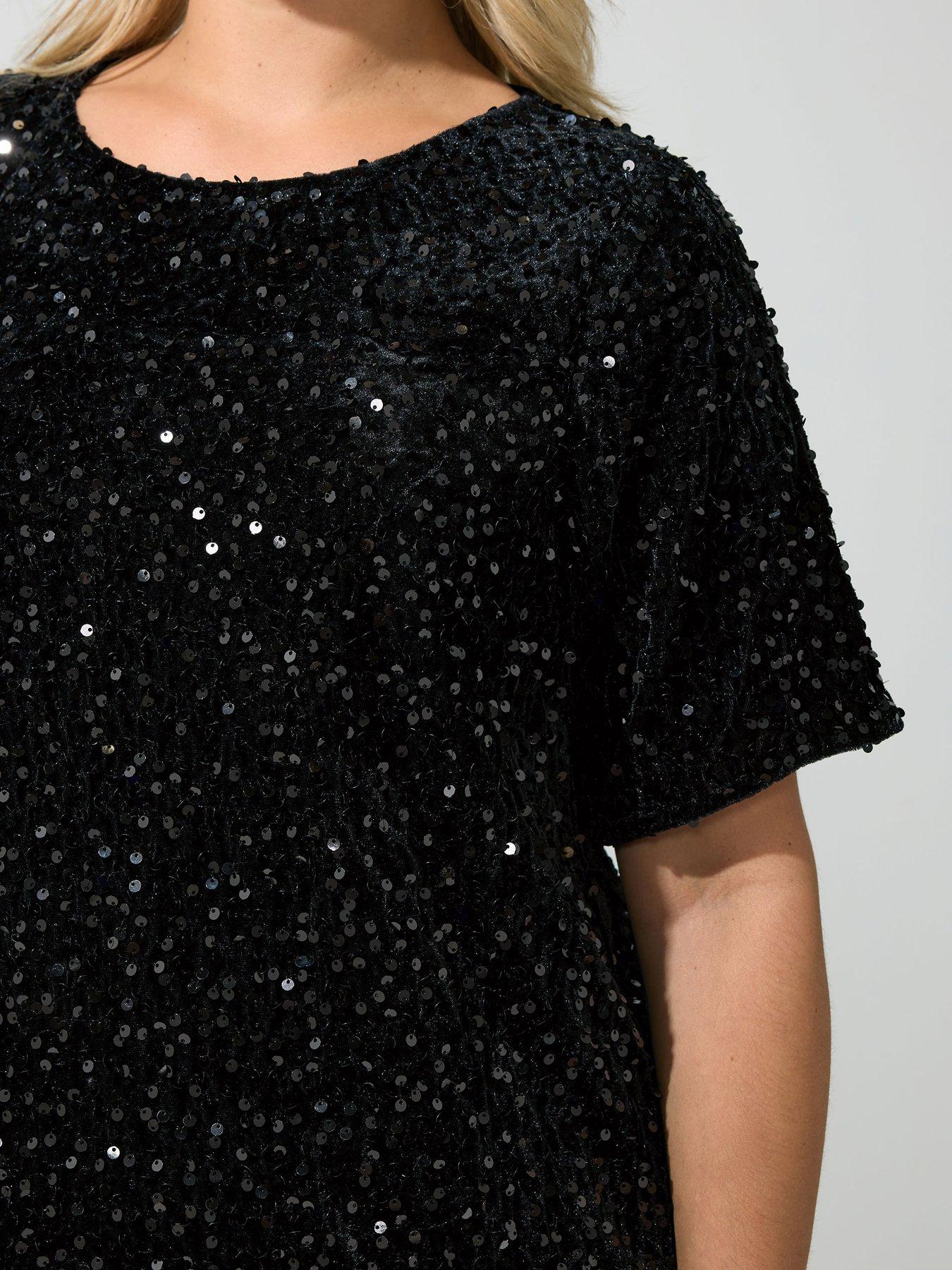 Image 4 of 4 of Yours Womens Plus Size Sequin Velvet Longer Length T-Shirt - Black