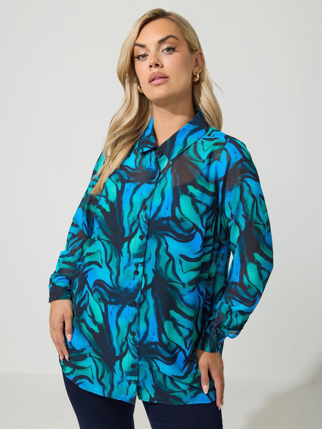 Image 1 of 4 of Yours Womens Curve Zebra Button-Through Longline Shirt - Blue