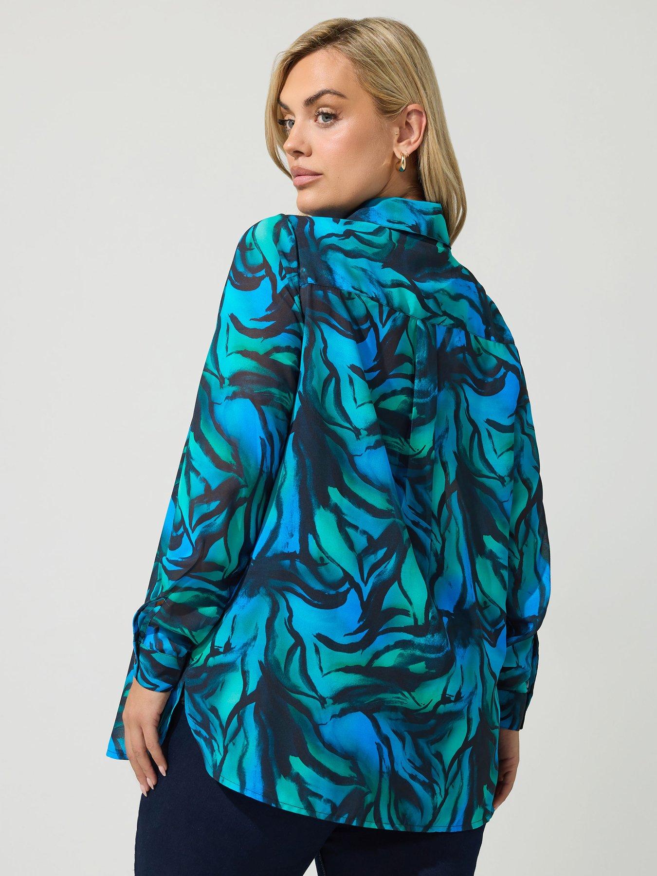Image 2 of 4 of Yours Womens Curve Zebra Button-Through Longline Shirt - Blue