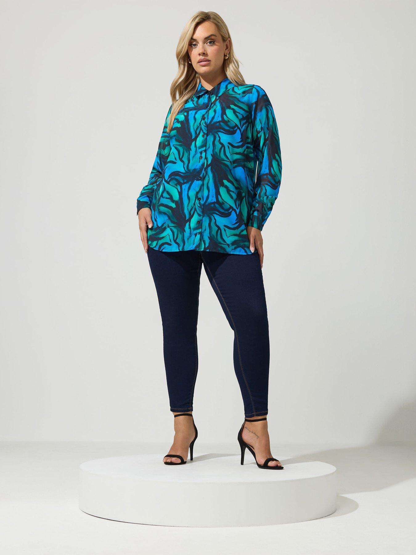 Image 3 of 4 of Yours Womens Curve Zebra Button-Through Longline Shirt - Blue