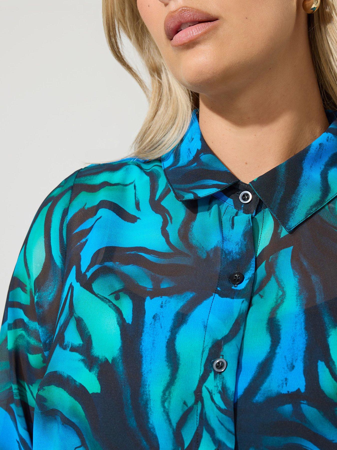 Image 4 of 4 of Yours Womens Curve Zebra Button-Through Longline Shirt - Blue