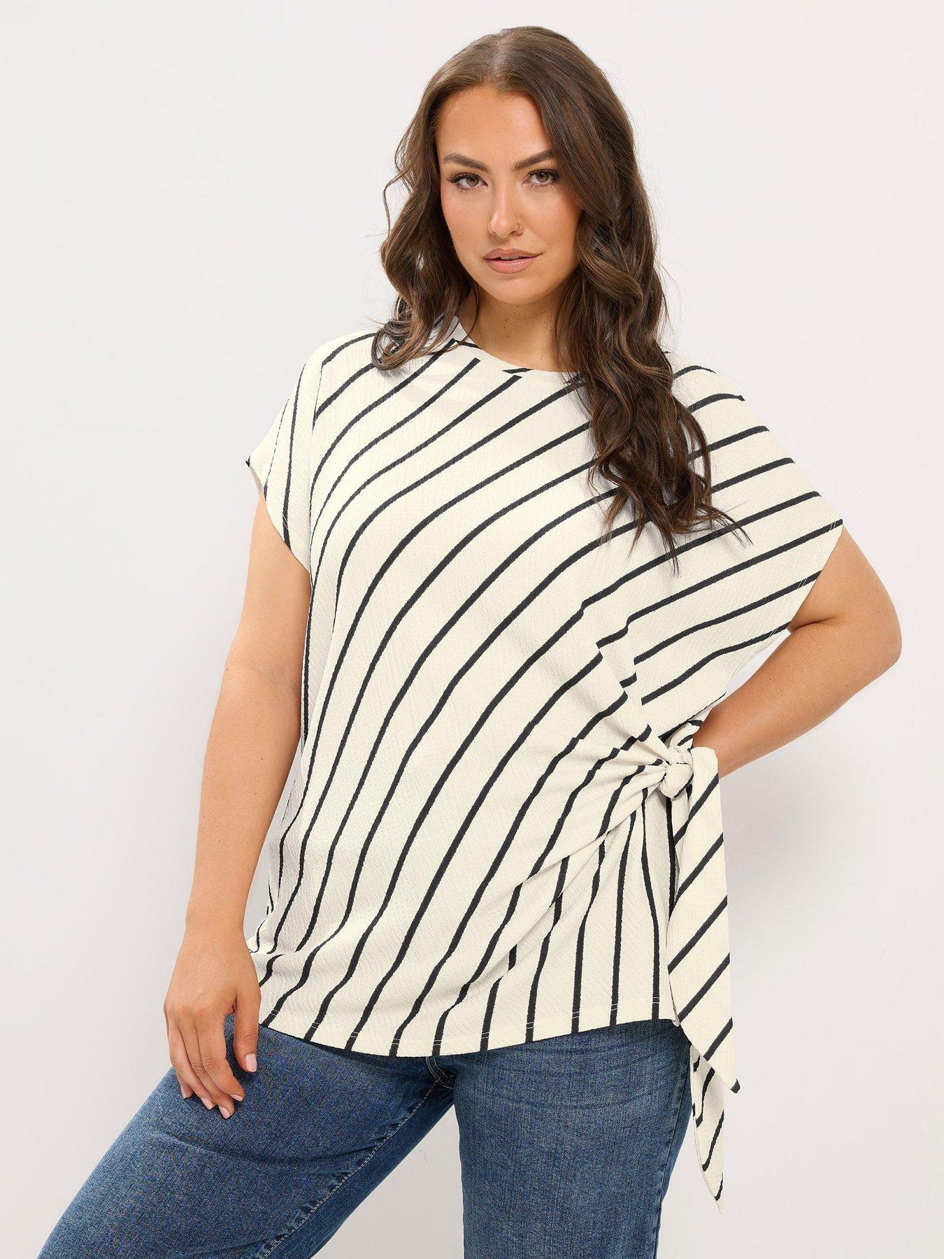 Yours Curve Tie Side Stripe T-Shirt - Cream