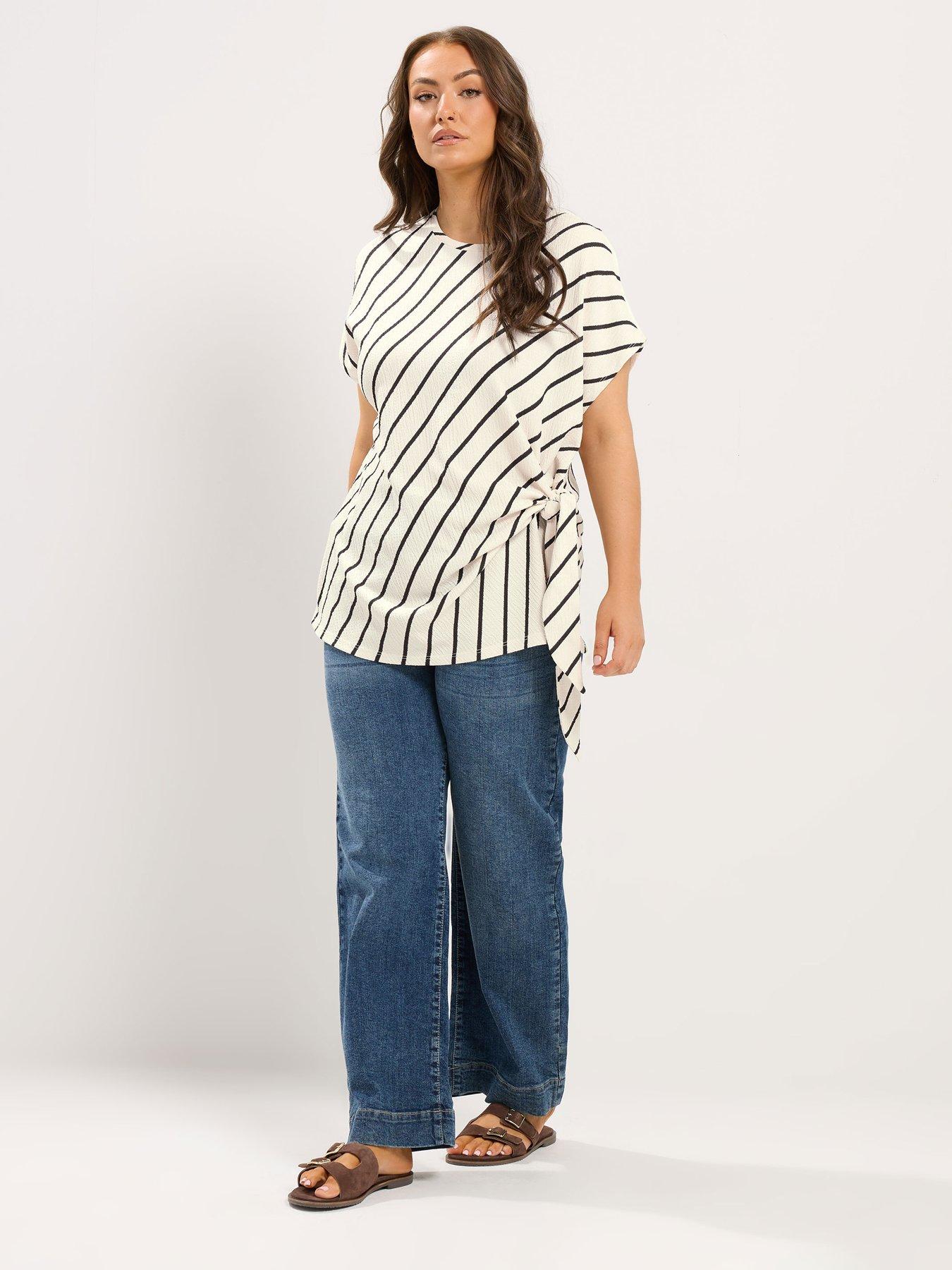 Image 3 of 4 of Yours Curve Tie Side Stripe T-Shirt - Cream