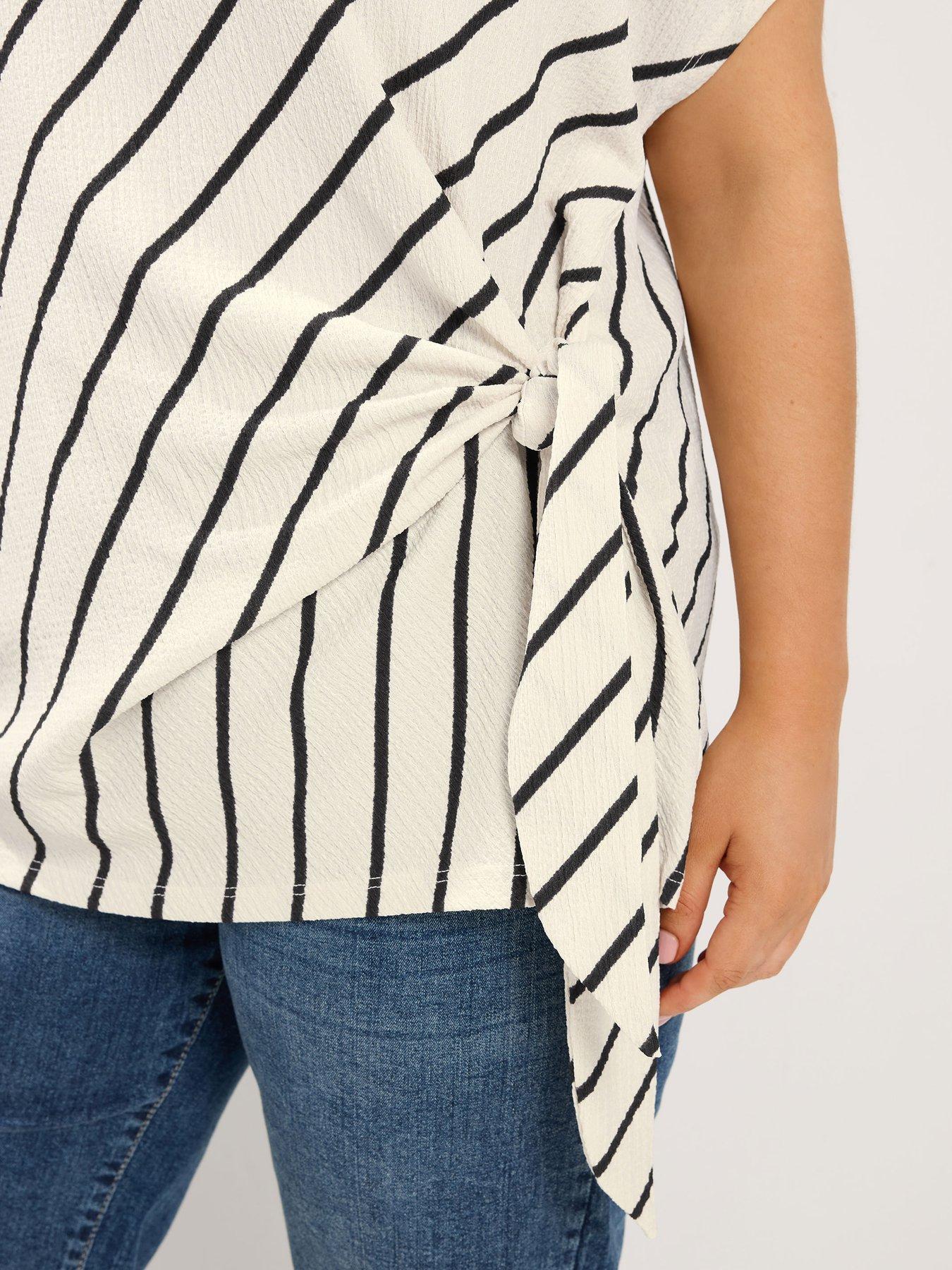 Image 4 of 4 of Yours Curve Tie Side Stripe T-Shirt - Cream