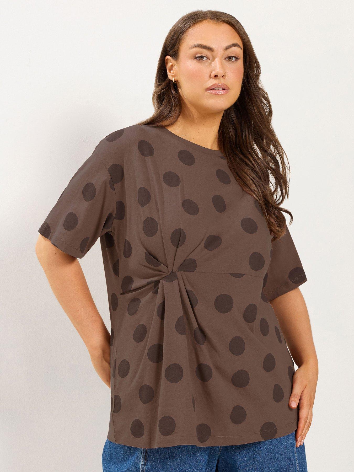 Yours Curve Polka Dot Twist Front T-Shirt - Brown